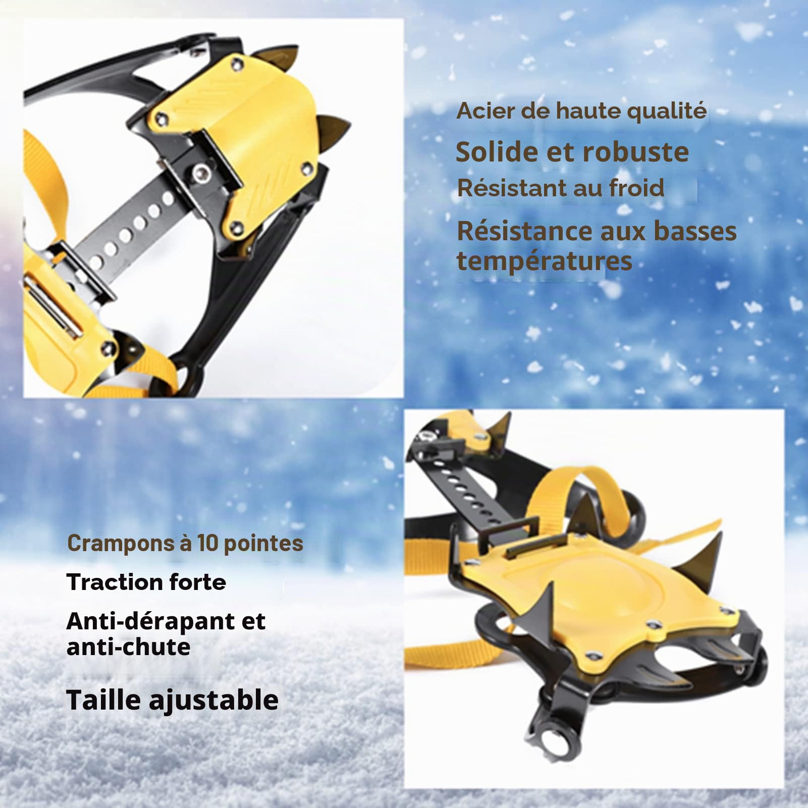 Pissente Crampons de Randonnée 10 Dents en Acier Antidérapants pour Glace avec Sangles de Fixation pour Escalade et Randonnée