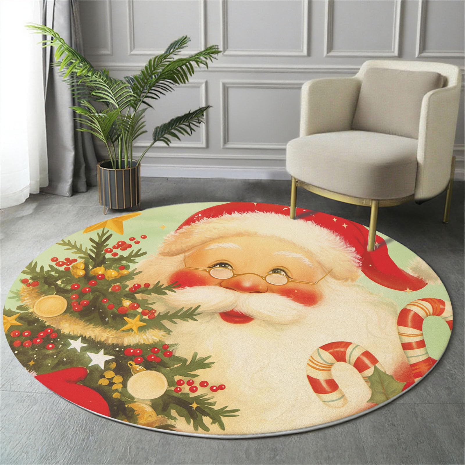 Tapis De Noël Rond, Motif Père Noël Mignon Illustration À L'Aquarelle Tapis De Salon Vert Sauge Doux Paillasson Antidérapant pour Salle À Manger Canapé Chambre d'enfant Fête, Diamètre 160 Cm