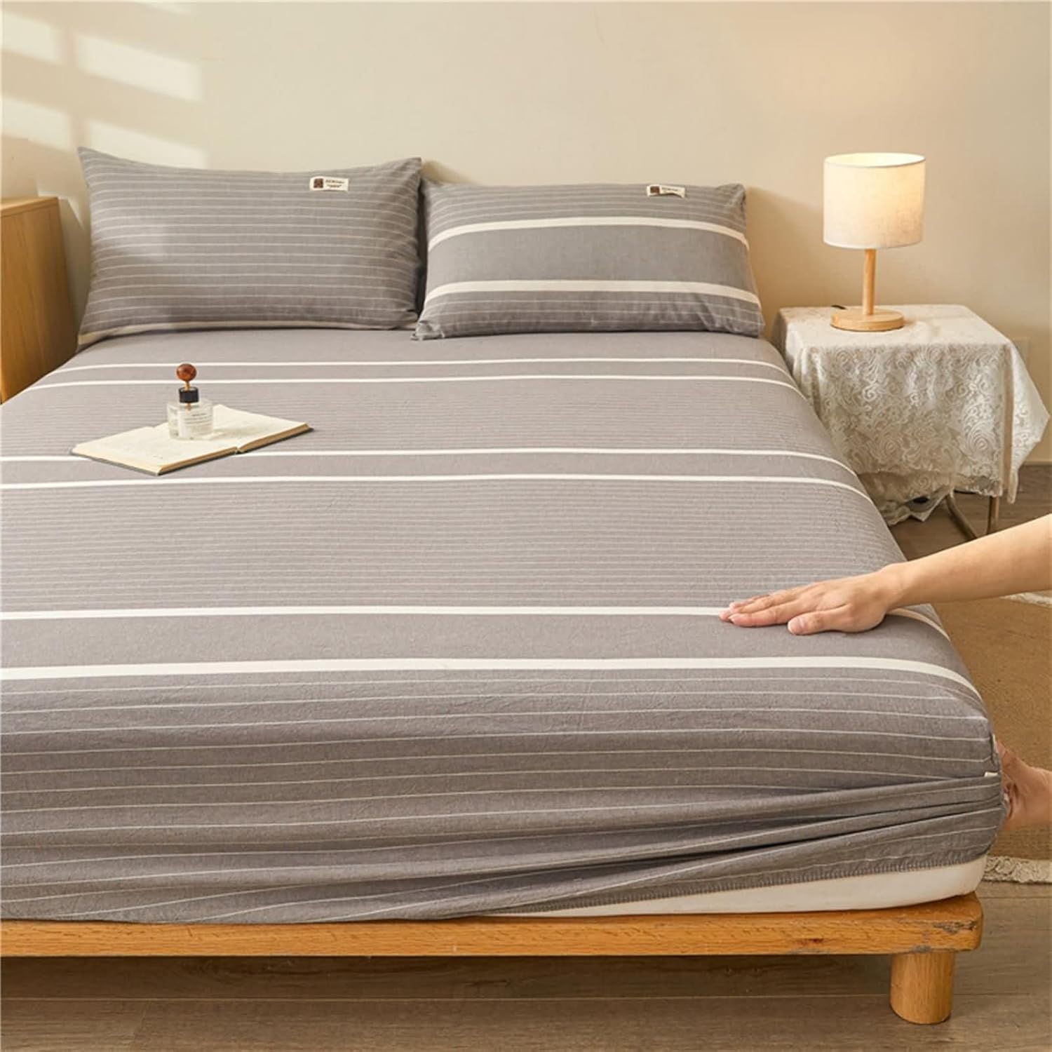 Beydodo Bed Fitted Sheet 48 x 78 inch, Bed Sheets with Standard Pocket with Stripes Pattern, Cotton Mattress Protector 120x200cm