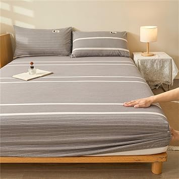 Beydodo Fitted Sheet 53 x 78 inch, Bed Fitted Sheet with Standard Pocket with Stripes Pattern, Cotton Bed Cover 135x200cm