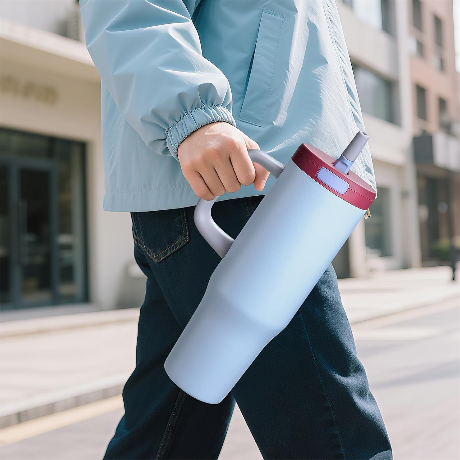 40 oz Tumbler with Handle and Straw,100% Leakproof Insulated Tumbler with Lid and Straw,Stainless Steel Water Bottle,for Home Office Travelling,Fits in Cup Holder(Light Blue Grey) - Image 9