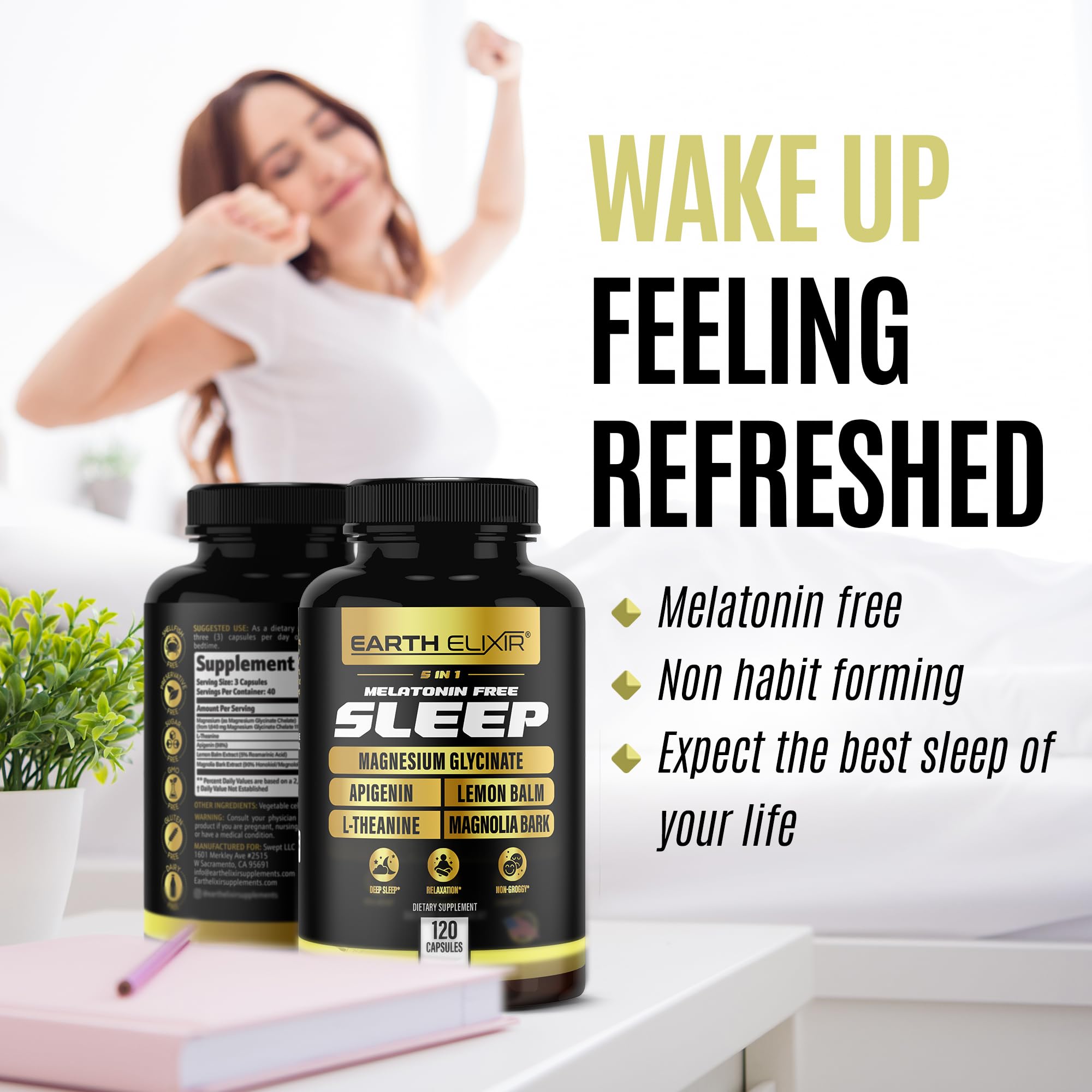 Earth Elixir 5-in-1 Melatonin Free Sleep Aid – Magnesium Glycinate, Apigenin Supplement for Sleep, L-Theanine, Lemon Balm Capsules, Magnolia Bark Extract Capsules – Sleep Supplement Without Melatonin — Amazon image 3