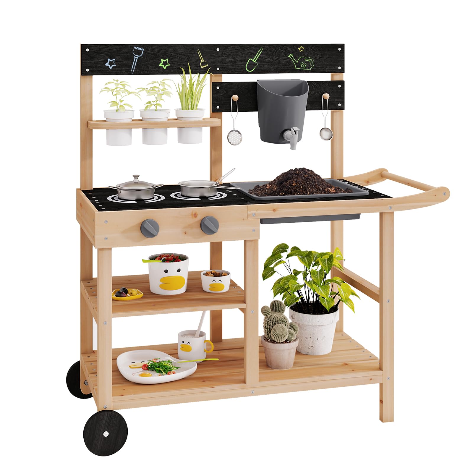 HOMASIS Matschküche Kinder Outdoor, Kinderküche mit Wassertank Spülen Herd Kreidertafel & Pflanztöpfen, Holz Gartenküche mit 10 Zubehör & Rollen, Spielküche mit Haken & Regalen, für Kinder ab 3 Jahren