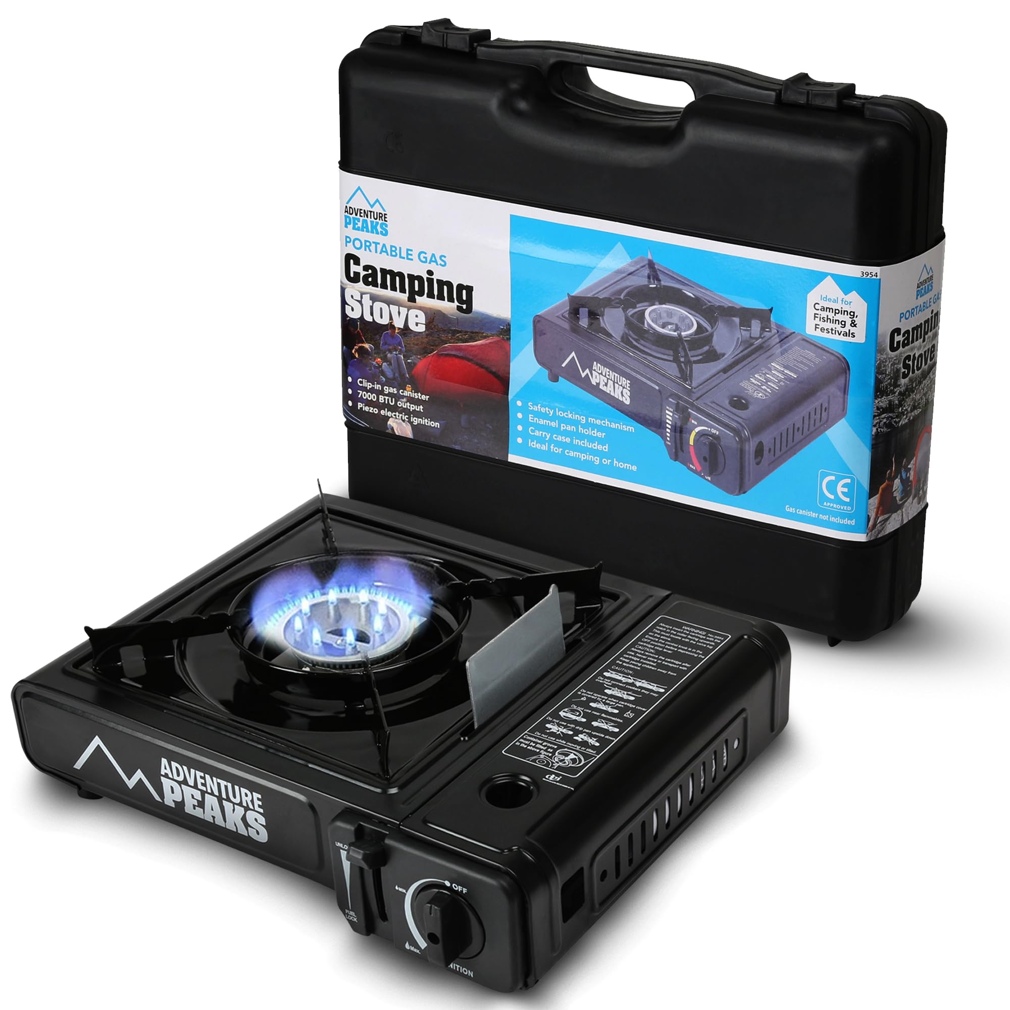 Portable Camping Stove - Camping Gas Stove Single Burner with Automatic Ignition - 7000BTU High-Speed Butane Camping Cooker W/Enamel Pan Holder & Carry Case for Camping, Caravan, BBQ & Outdoor Cooking