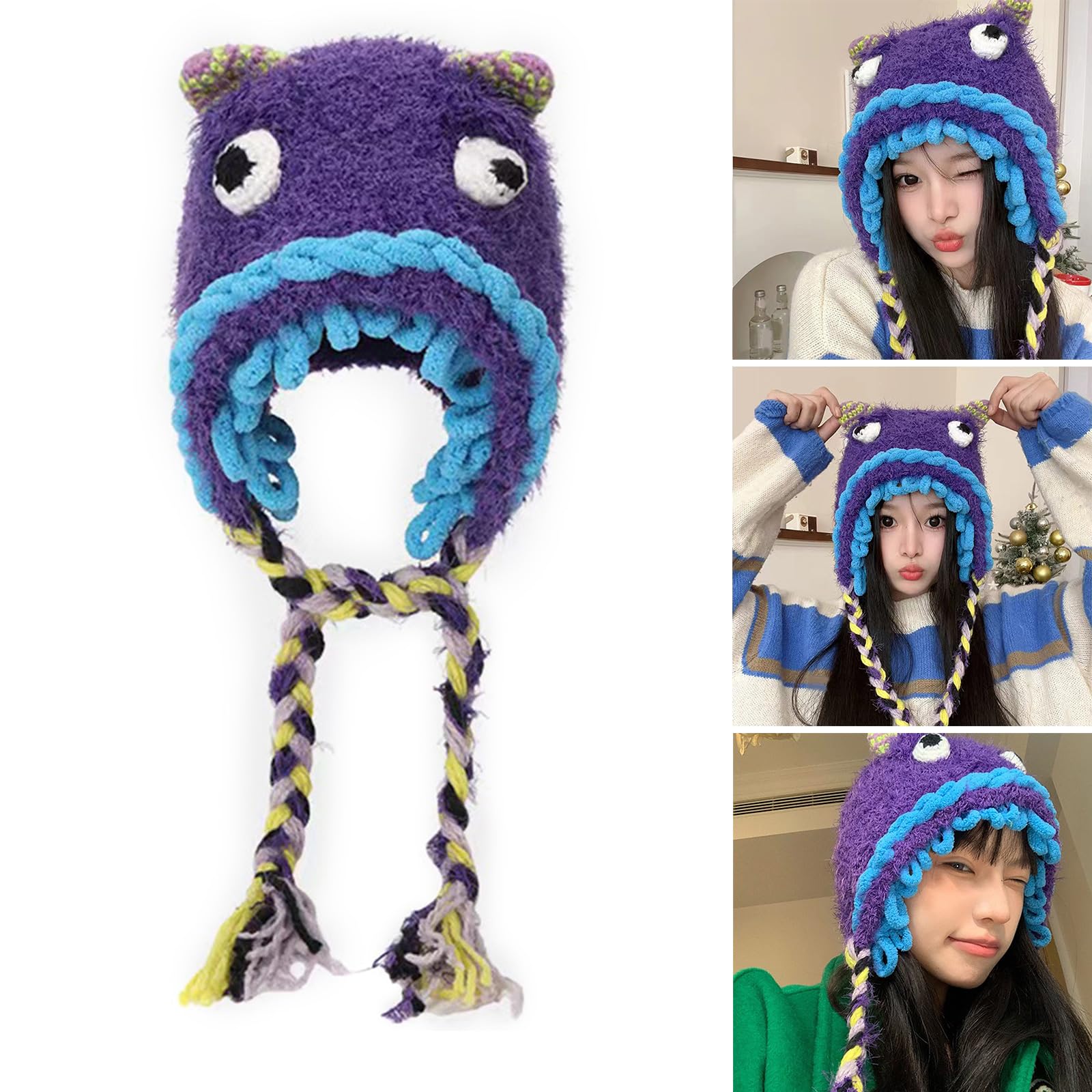 Lovely Knitted Plush Monsters Hat for Skiing Hiking Size Lady Windproof with Braid Ear Flap Lake Blue