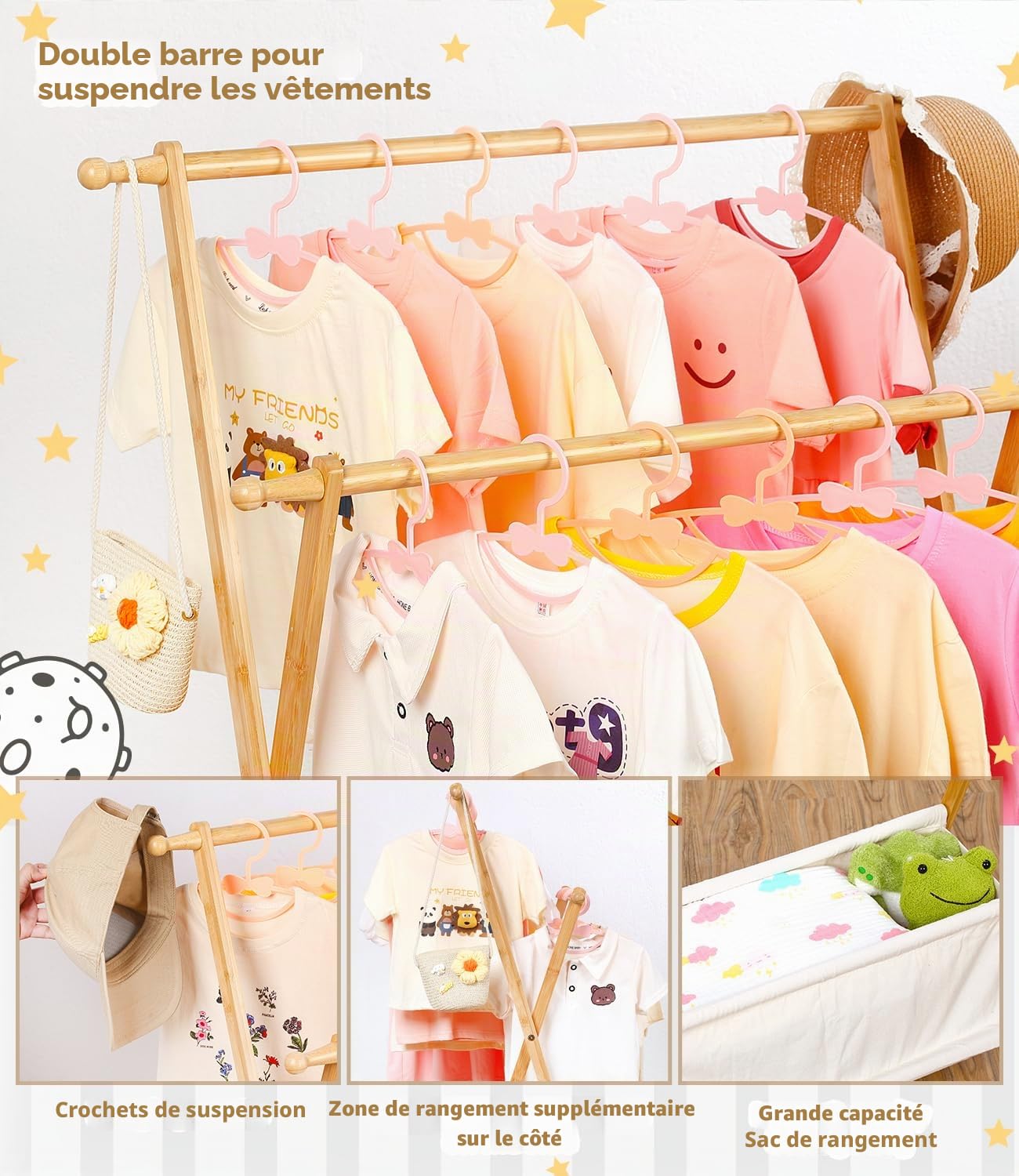 Porte-vêtements en bambou pour enfants avec deux pôles, porte-vêtements pour enfants, petit porte-vêtements avec rangement, parfait pour les costumes et les accessoires (couleur naturelle)