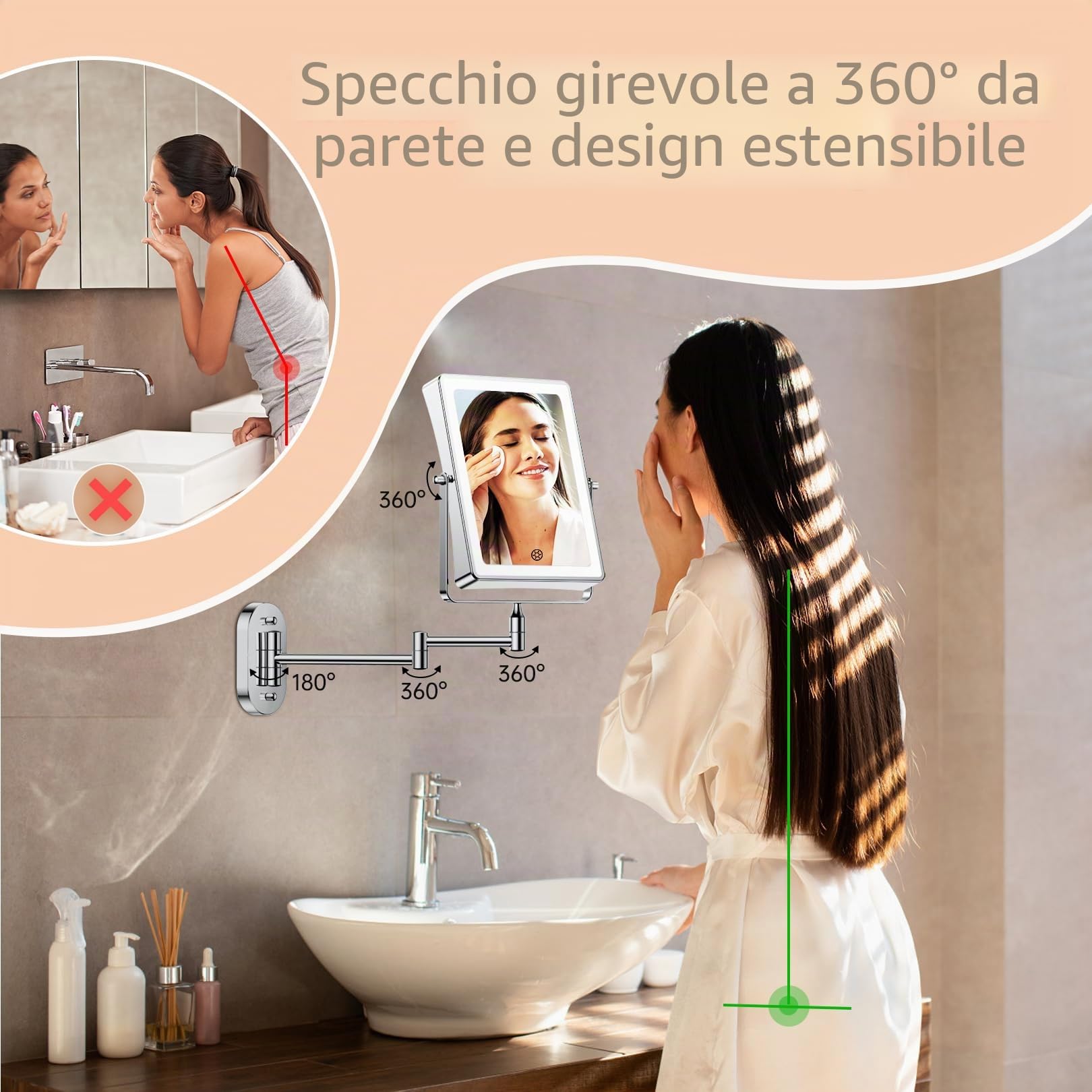 Famihomii Specchio cosmetico ricaricabile con illuminazione a LED, 4500mAh specchio da trucco con ingrandimento 1/30X e interruttore touch a batteria, specchio da barba regolabile a 360°