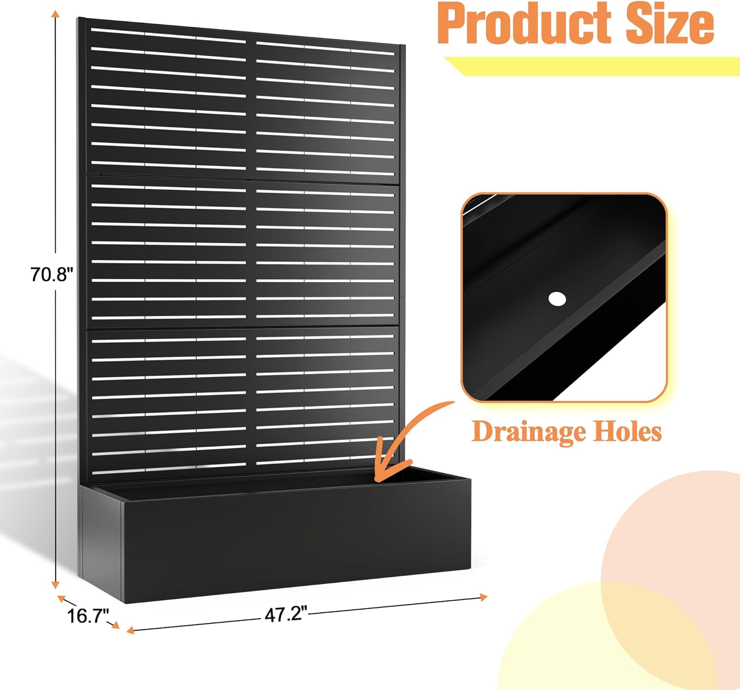 Metal Planter Box with Trellis & Wheels, Raised Garden Bed with Privacy Screen, Outdoor Standing Flower Beds with Drainage Hole for Climbing Plants, Vine, 47" Lx16 Wx71 H, Black-Louvered