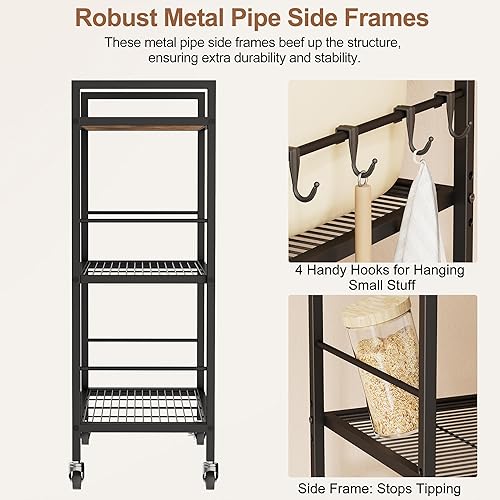 Miniatura 4 de Carrito de cocina de 3 niveles con estantes ajustables, carrito de almacenamiento para microondas y organizador rodante, ruedas industriales para