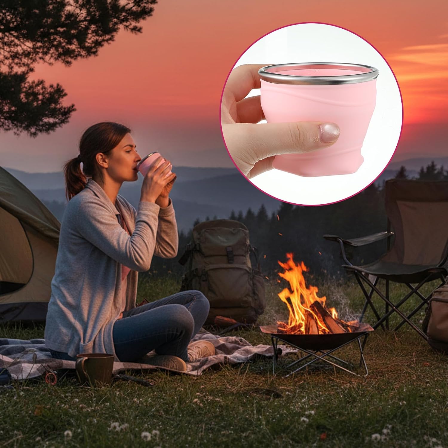 Folding Camping Cup with Lid Foldable Travel Cup Silicone Foldable Water Cups Stainless Steel Edge Portable Pocket Cups for Mouthwash Pills Travel Camping Hiking Office Hotel Expandable