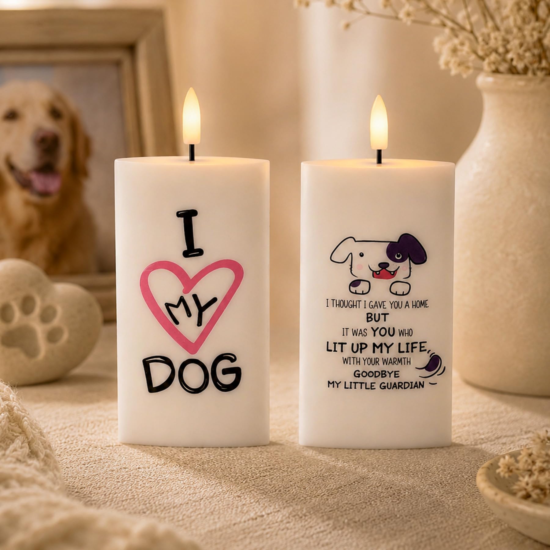 Rhytsing Flat LED Memorial Candles for Loss of Dog, 5 Inches Real Wax Sympathy Lights with Timer Function, Pet Memorial Gifts with Single-Sided Printed Design, Set of 2