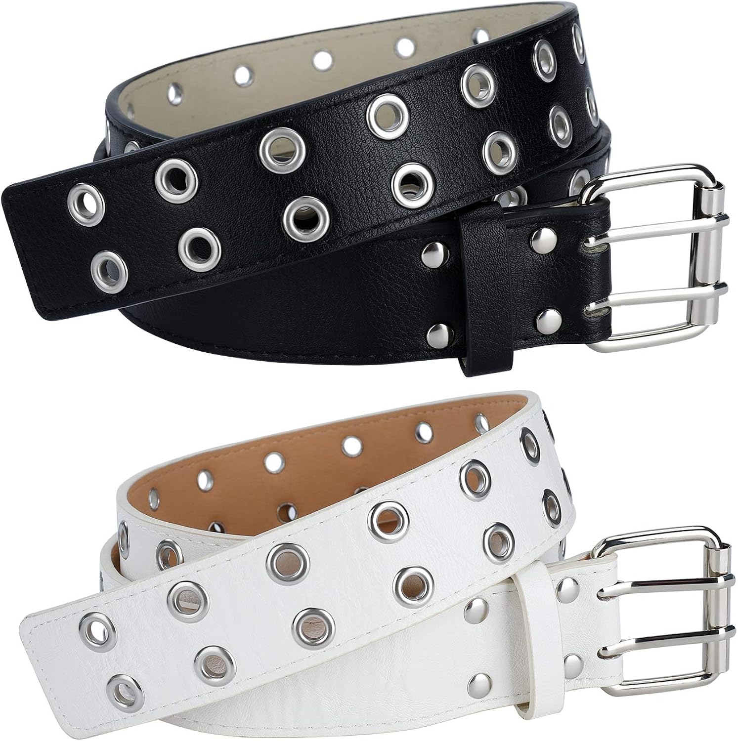 Double Grommet Belt PU Leather Punk Belt Goth Unisex Waist Belt 2 Hole