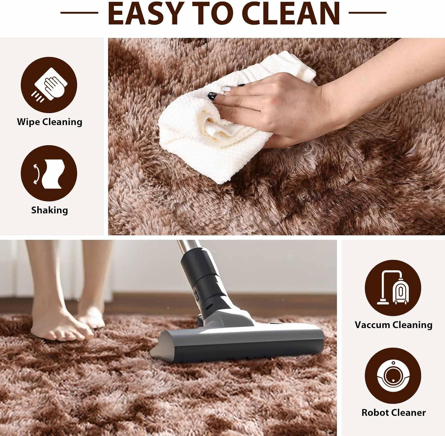 FinRèc 6x9 Feet Brown Rugs for Living Room Bedroom, Large Plush Fluffy Shag Area Rug, Non-Slip Fuzzy Furry Shaggy Rug for Kids Room Dorm Room Home Decor, High Pile Soft Floor Carpet