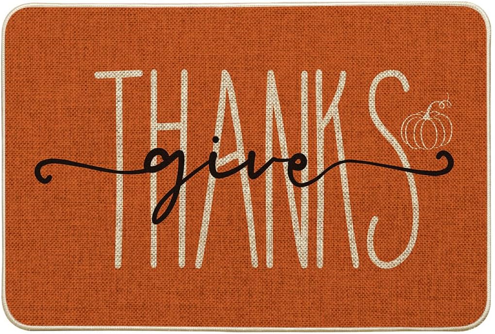 Artoid Mode Give Thanks Pumpkin Thanksgiving Welcome Decorative Doormat, Seasonal Fall Low-Profile Floor Rug Switch Mat for Indoor Outdoor 24x35 Inch
