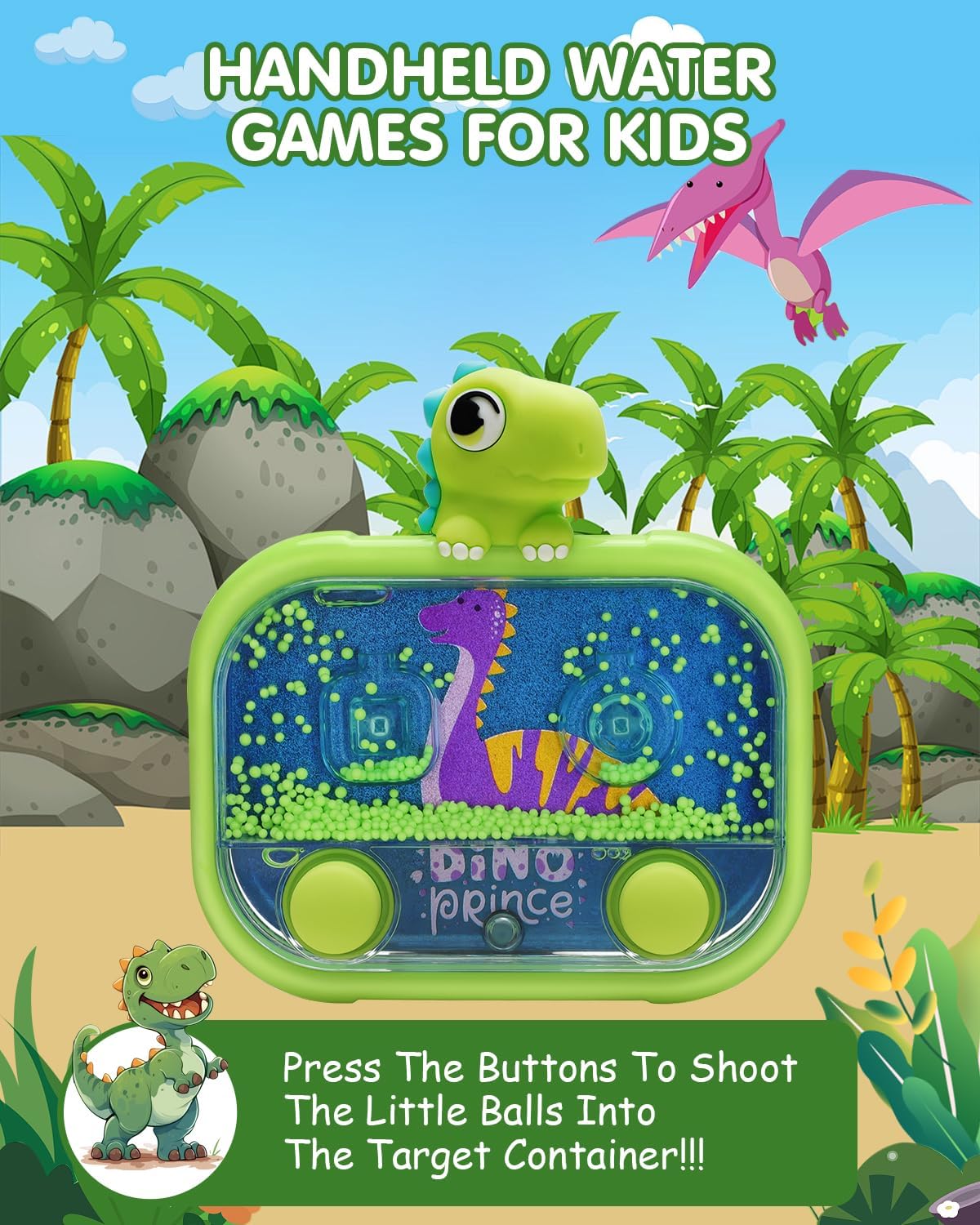Handheld Water Game with Light – Water Ball Target Toy for Kids Ages 3+, Retro Fidget, Screen-Free Car Travel Game, Road Trip, Airplane, Portable Autism Gift Green Dinosaur image 2 of 7 B0F993HBX5