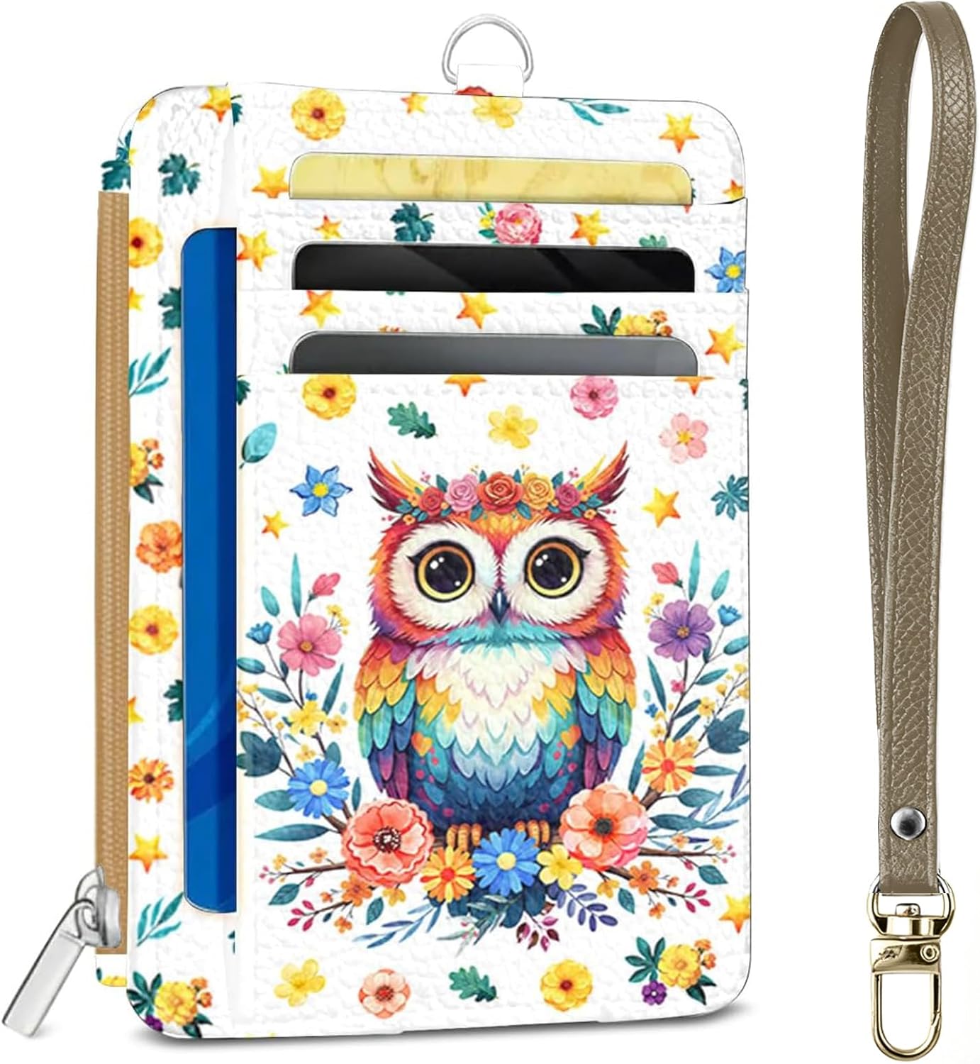 Owl Credit Card Holder Wallet with Zipper, Wallet Front Pocket Slim Card Holder for Women, Funny Cute Purses with Card Case ID Window, PU Leather Blocking Card for Girls