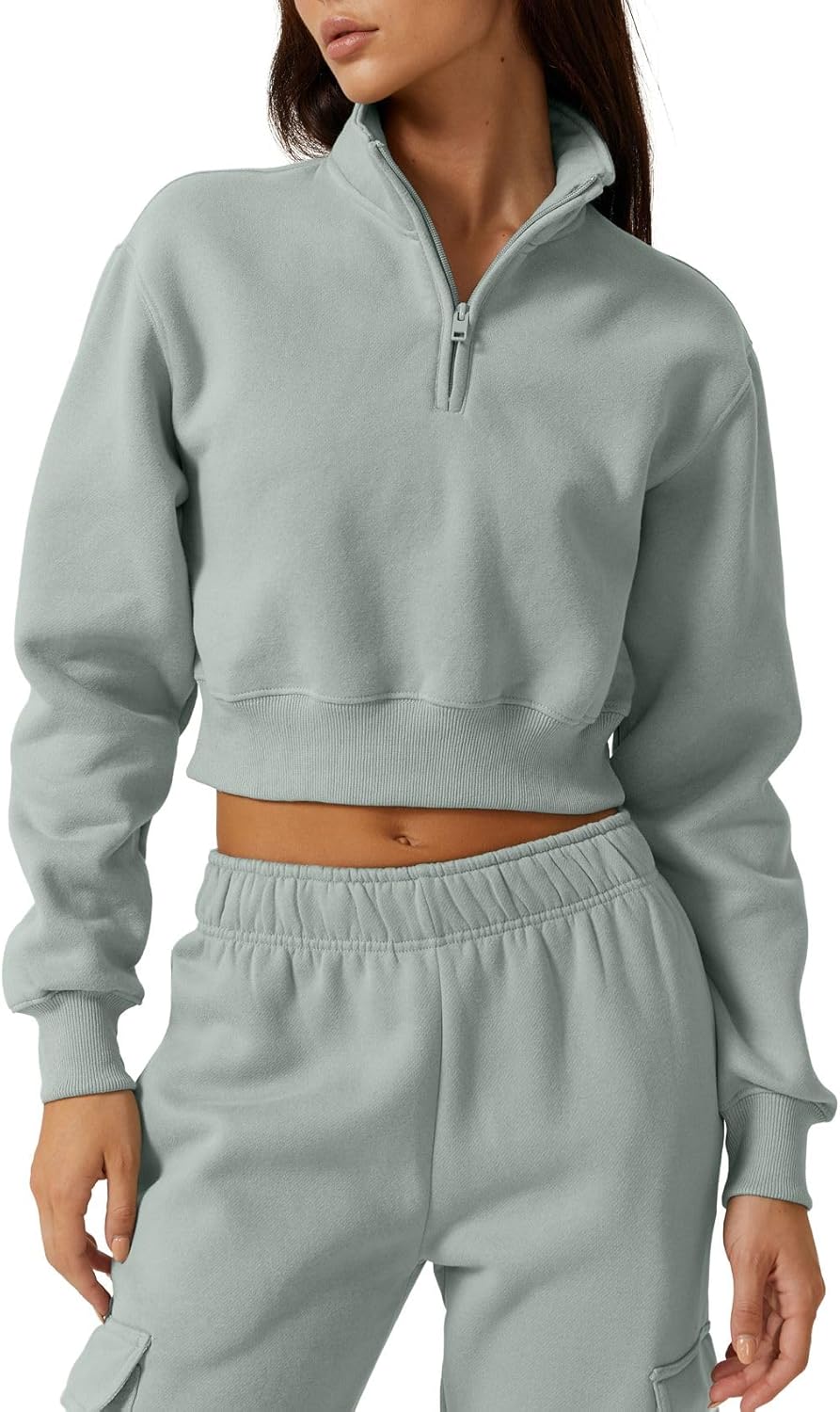 QINSEN Womens Half Zip Crop Sweatshirt High Neck Long Sleeve Pullover Cropped Top
