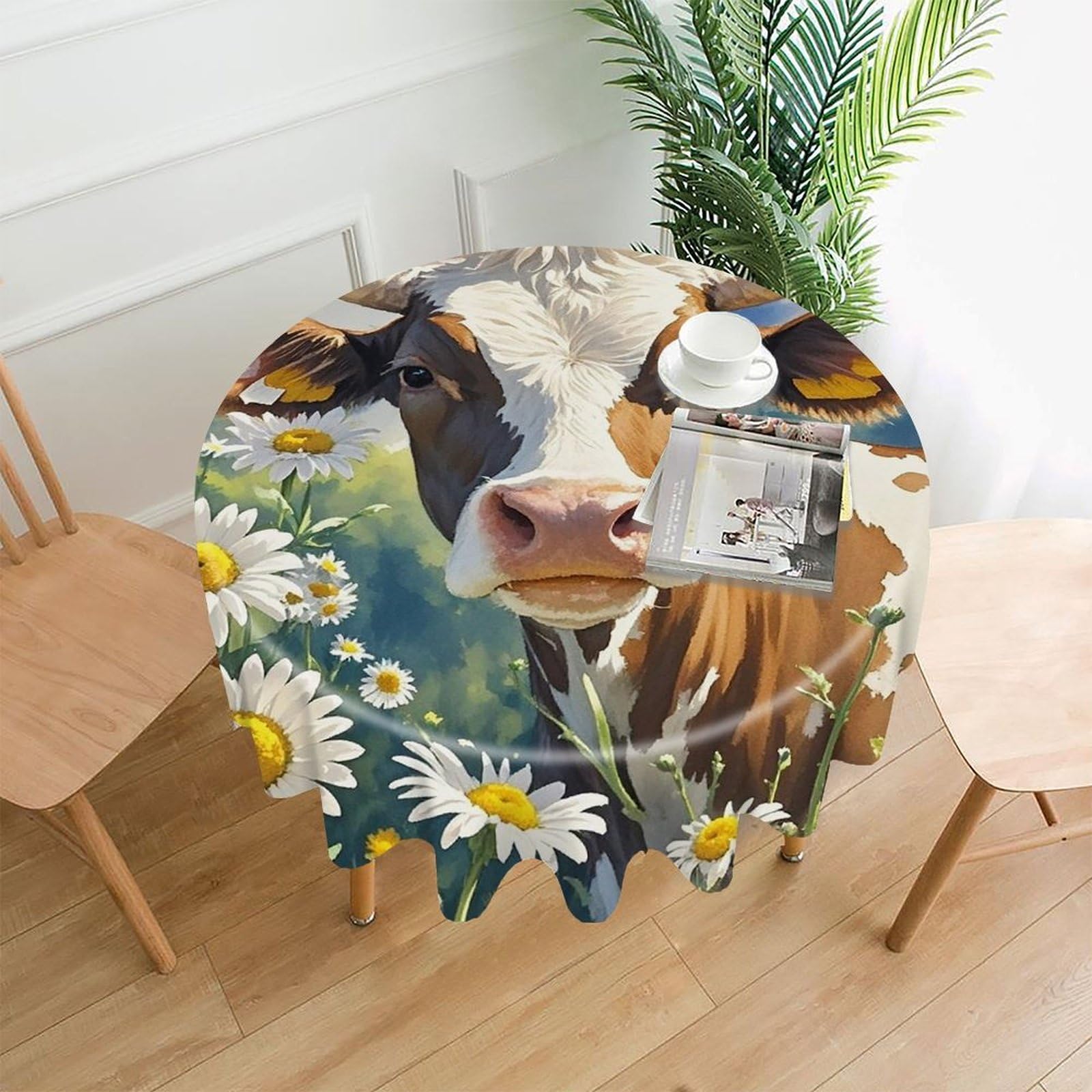 FekiLoot Watercolor Cow and Daisy Flower Tablecloth Decorative Round Table Cloth Wrinkle Resistant Washable Circle Table Cover Round Tablecloth for Picnic Party Camping Dining 60 Inch