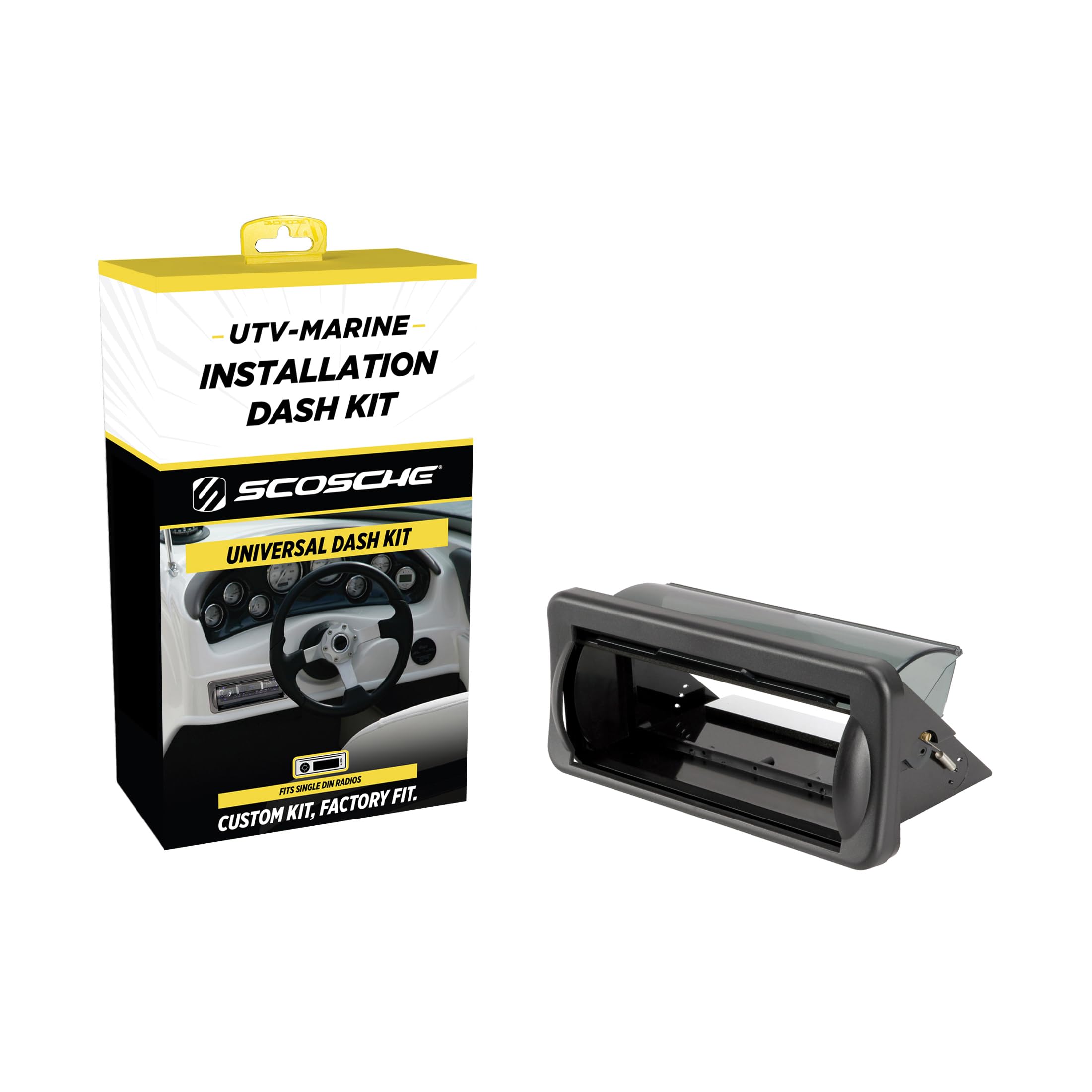 Scosche ACM5B Universal Marine Radio Cover - Water Resistant Boat Dash Radio Protector Shield with Spring Loaded Flip-Up Retractable Door, Single DIN