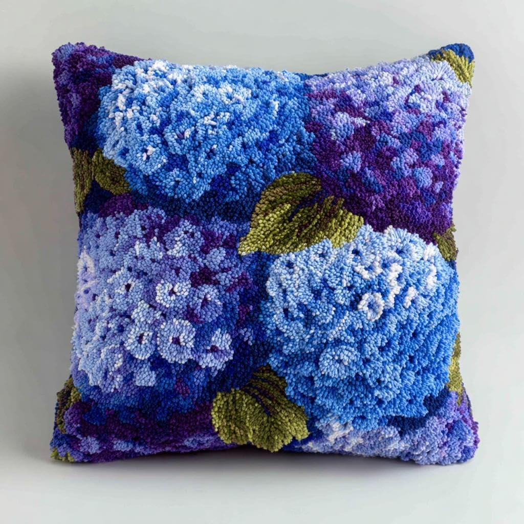 DIY Latch Hook Pillow Kit and Purple Hydrangea Flower 43x43cm-3 | DIY Handmade Yarn Hooking Crochet Pillowcase with Pattern Easy for Beginners Hook and Latch Craft Kit Cushion for Home Decor