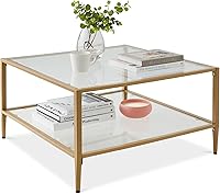 Best Choice Products 32" Gold 2-Tier Glass Coffee Table - Modern Square Metal Frame for Living Room, Bedroom Accent