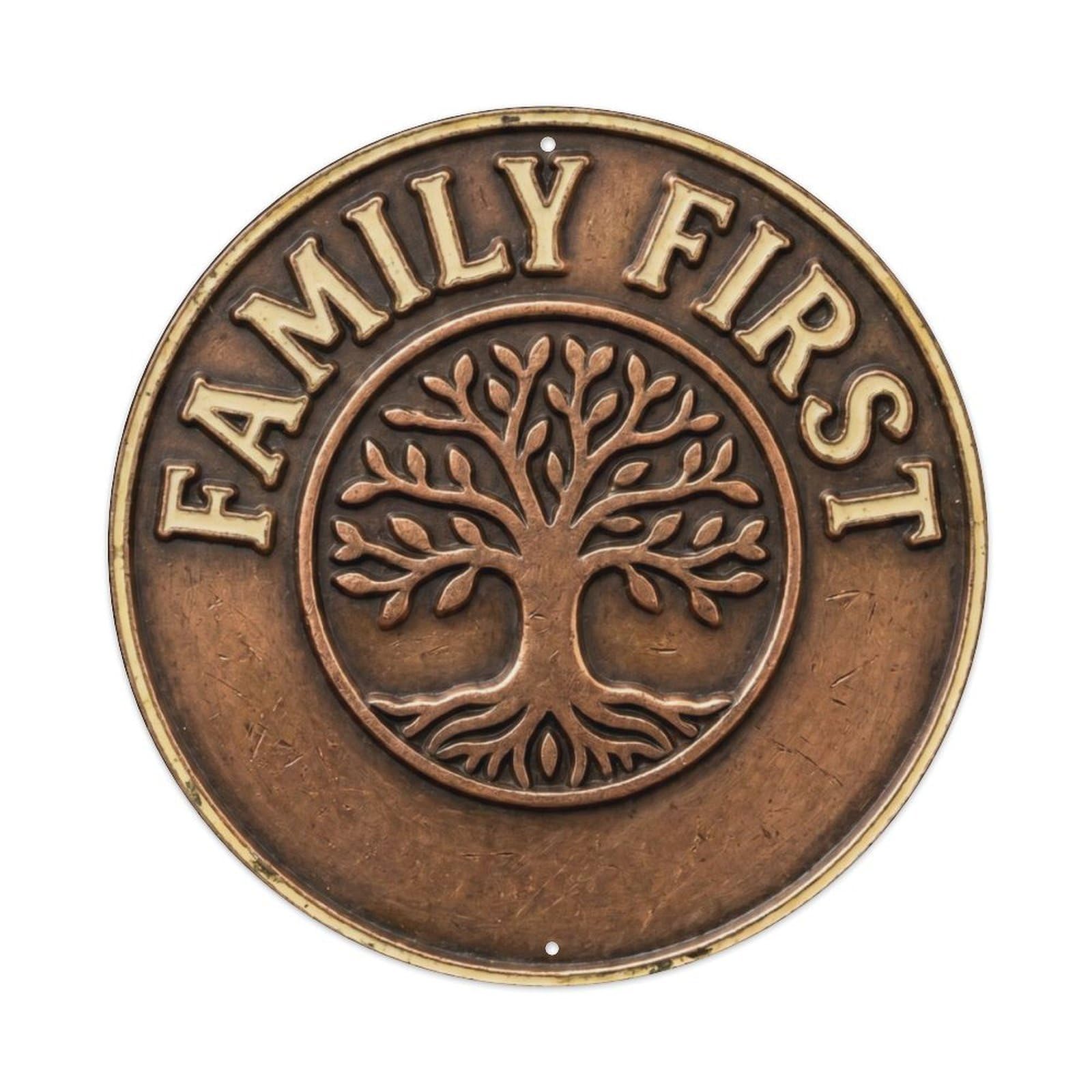 Fqcyn Style Family First Nostalgic Indoor Display Retro Slogans Metal Tin Sign Plaque Wall Decor For Cafe, Club Bar, Office, Home Garden Round Metal Poster 8X8inch