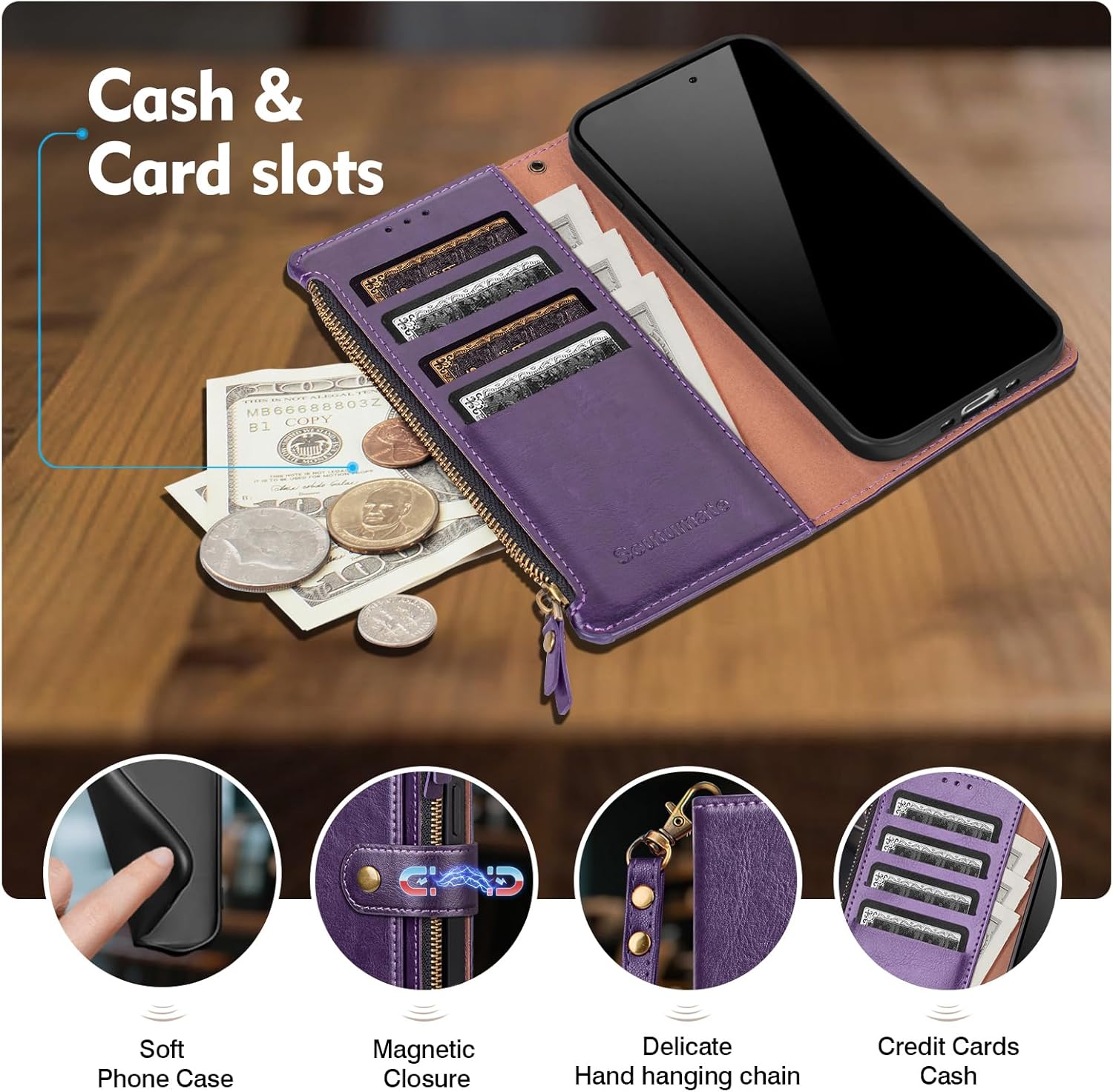 Compatible with Samsung Galaxy S24 Ultra 5G Wallet Case with Card Holder RFID Blocking Zipper PU Leather Phone Case Flip Protective Cover Wrist Strap Credit Card Slots Men Women,Dark Purple - Image 4