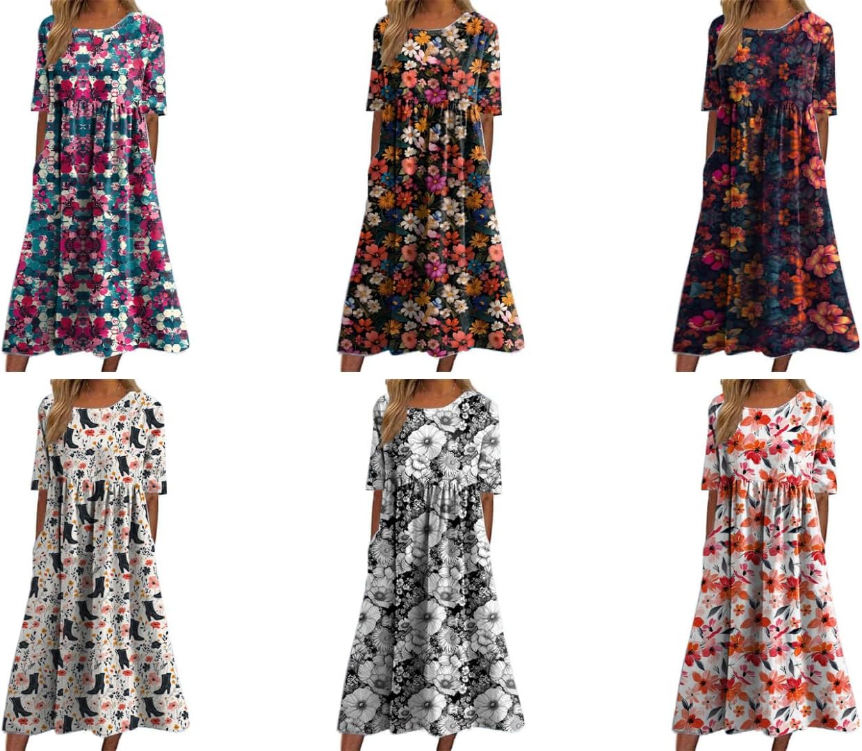 domirica Summer Dress for Women Casual Floral Print Short Sleeve Crew Neck Plus Size Maxi Dresses - Image 6