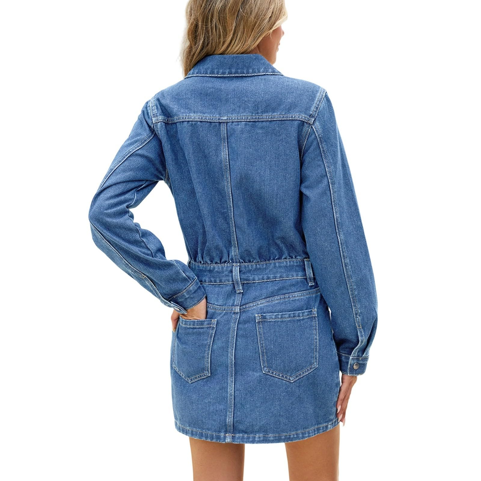 Generico Donna Tendenza Vestito Camicia con Cintura E Tasche sul Petto