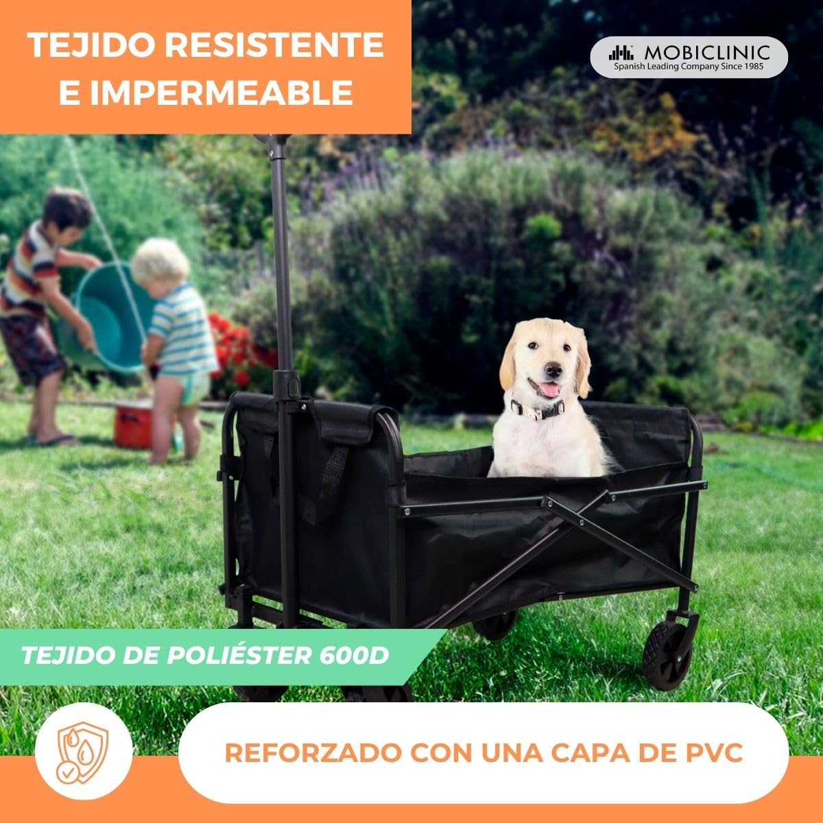 Mobiclinic®, Carrello da trasporto pieghevole, Per la spiaggia e il giardino, Manico regolabile, Ruote fuoristrada 360º, Impermeabile, Acciaio, PVC, Nero (71x47x50cm)