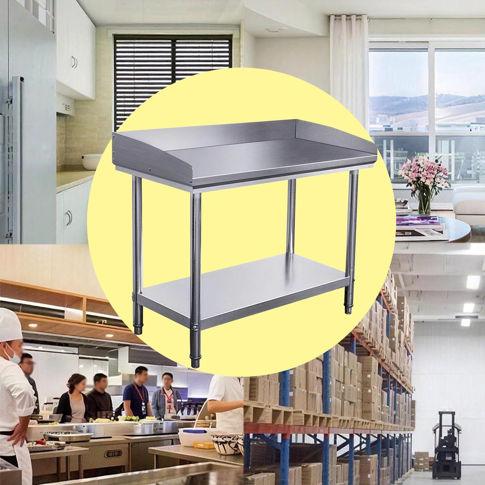 Tavolo da Cucina a 2 Ripiani con 3 Sponde Laterali Angoli Arrotondati Assemblaggio con Viti Tavolo da Lavoro Acciaio Inossidabile con Rinforzo Triangolare Piedini Regolabili Facile da Riporre Ripiano