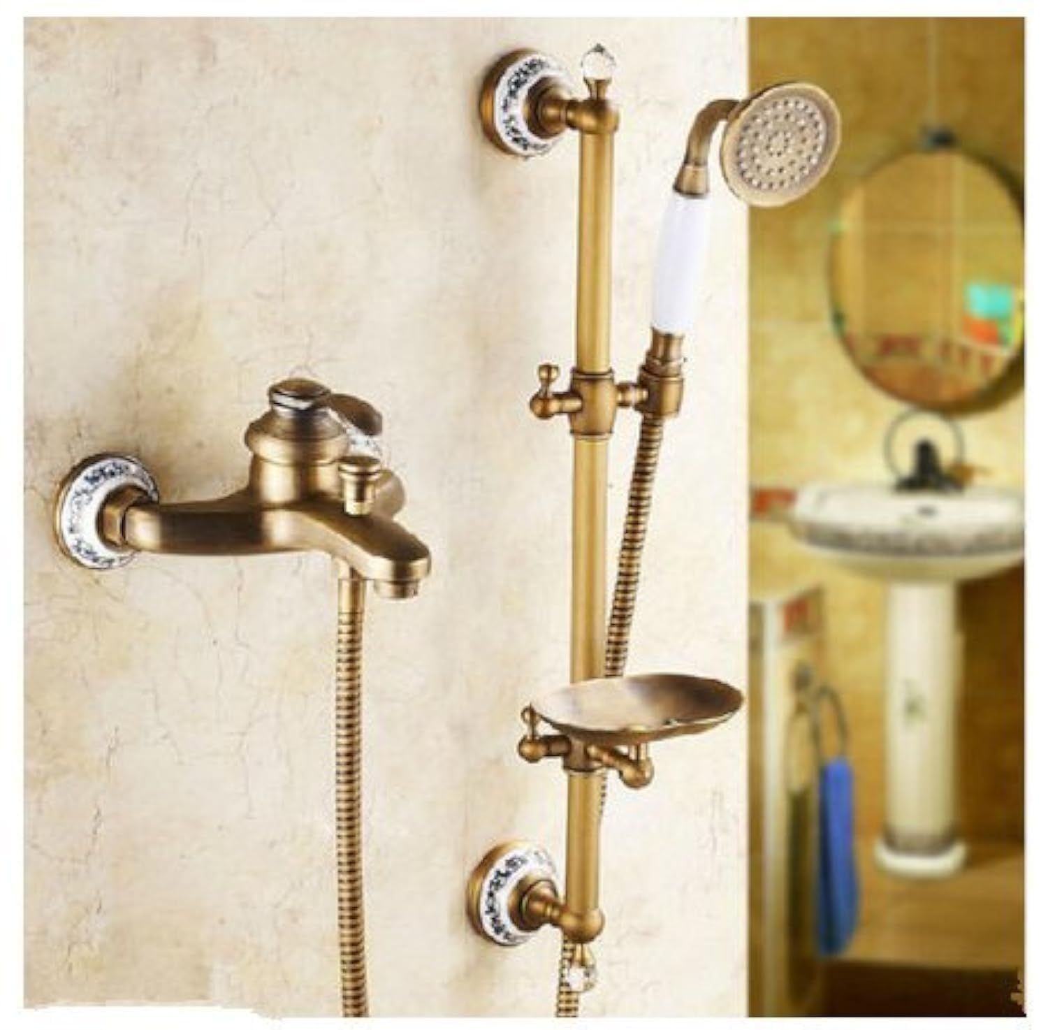 Douche en laiton antique avec barre pour salle de bain rétro Gowe