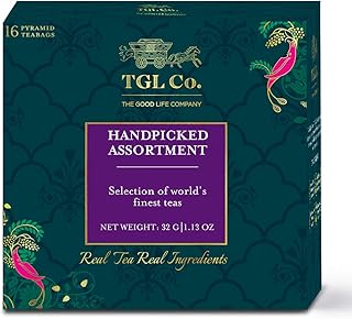 TGL Co.The Good Life Company TGL 100% Natural Green Tea Bags Sampler Box Tea Bags 16 Tea Bags, Assorted Tea Bags, Kashmiri Kahwa Tea Mogo Mogo Tea Organic Green Tea