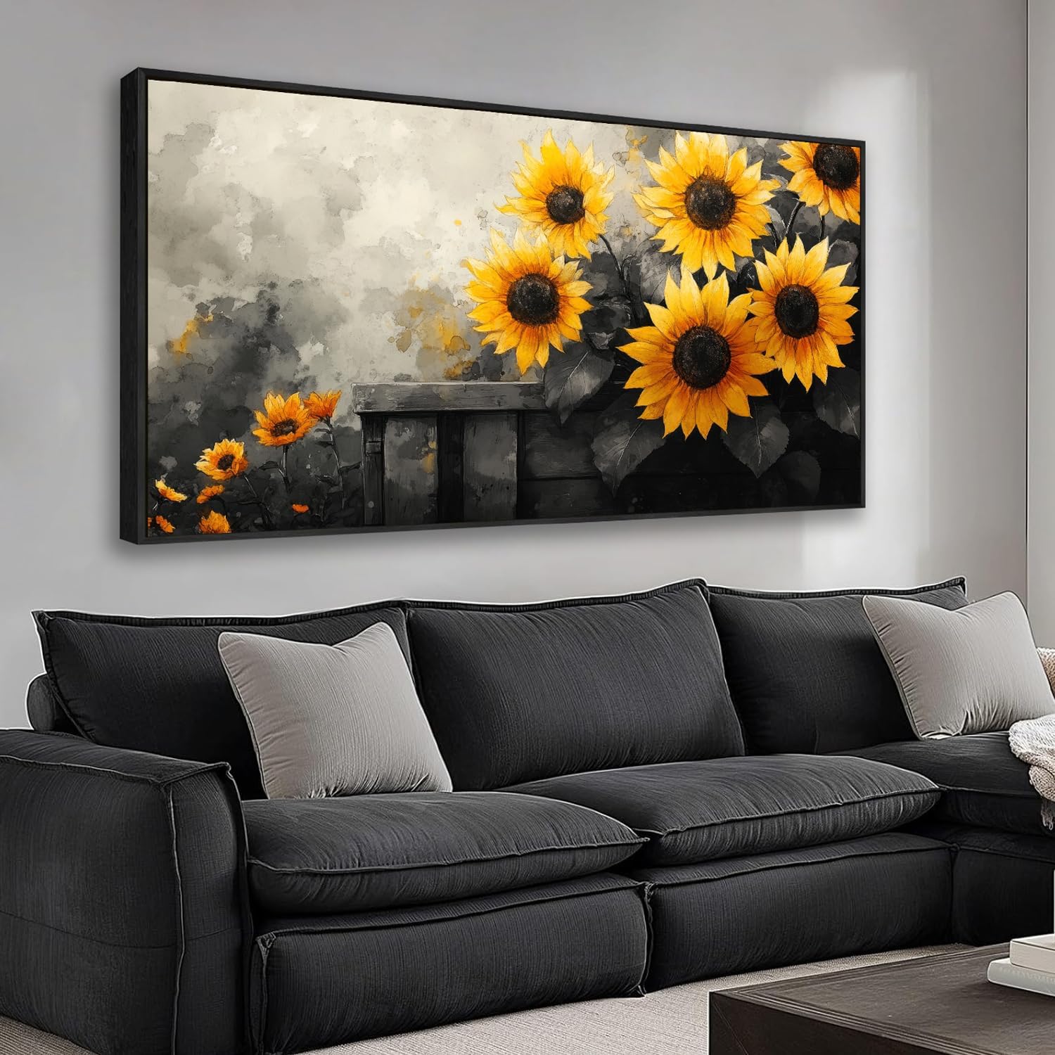 The Mode Art Sunflower Wall Art Canvas Painting, 20 x 40 inches, Black and Yellow Flower Canvas Prints Rustic Farmhouse Sunflower Pictures For Living Room Bedroom Wall Decor Wooden Frame 40"L x 20"W Yellow/Gray