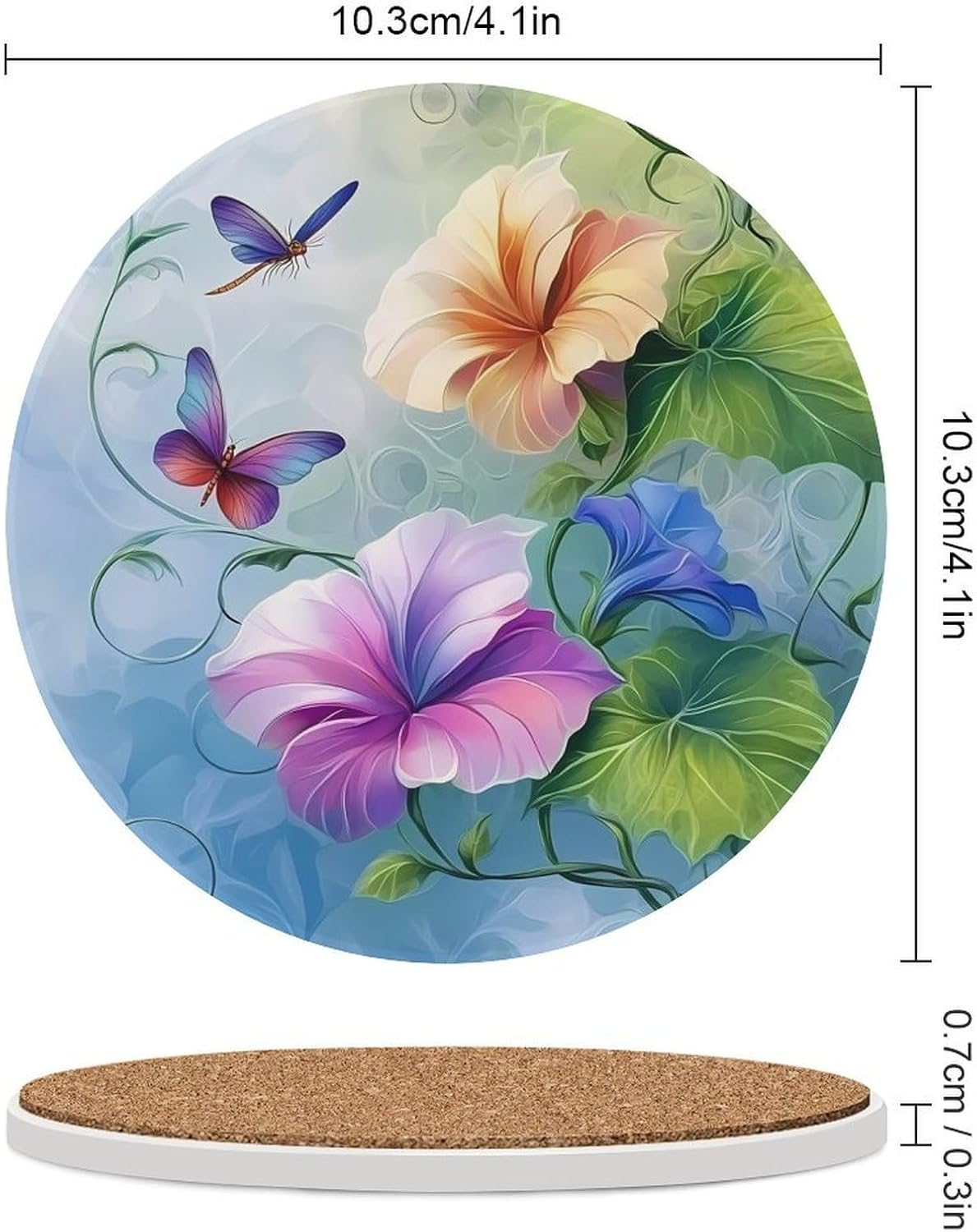 Dragonfly Cup Shaped Romantic Flowers Coasters for Drink Round Ceramic Coaster with Cork Base Home Decorative 6PCS