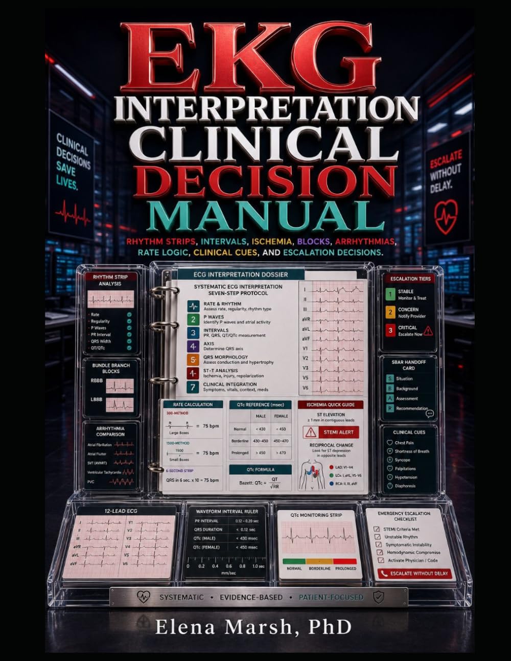 EKG INTERPRETATION CLINICAL DECISION MANUAL: RHYTHM STRIPS, INTERVALS, ISCHEMIA, BLOCKS, ARRHYTHMIAS, RATE LOGIC, CLINICAL CUES, AND ESCALATION DECISIONS.