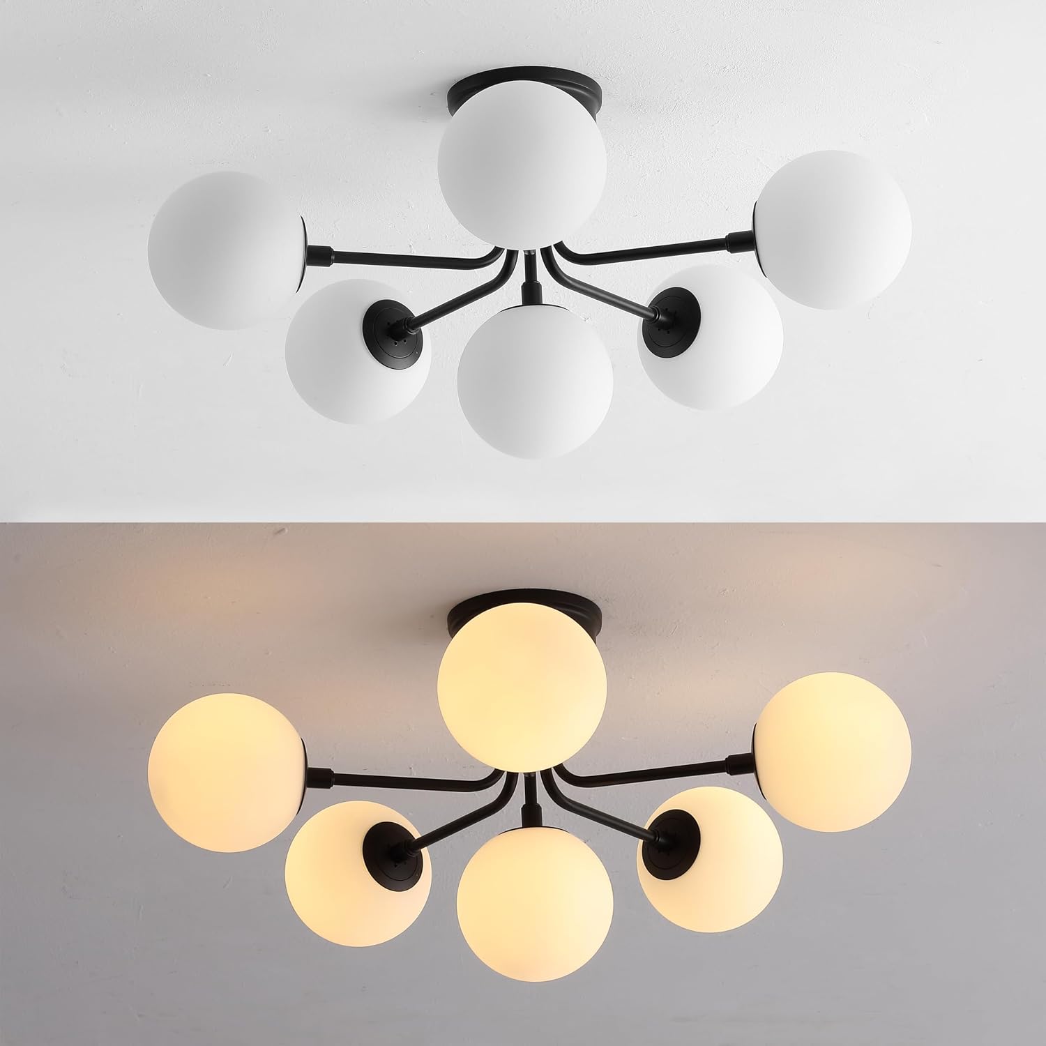 JONATHAN Y 24" Black/White Parisian 6-Light Globe Modern Industrial Iron Bistro LED Semi Flush Mount, Ceiling Light with White Frosted Glass Shade for Kitchen Bedroom (JYL9542B)