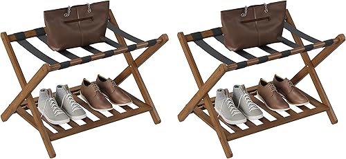 Miniatura 67 de Smuxee Portaequipajes de nogal totalmente montado, soporte de maleta plegable de bambú mejorado con 5 correas de nailon, soporte de equipaje