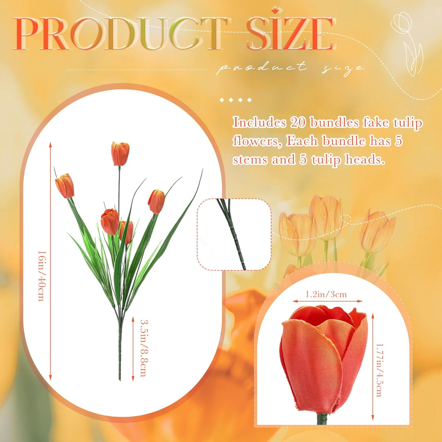 XunYee 100 Pcs Artificial Tulips Fake Flowers Bulk Plastic Faux Tulip Stems 16 Inches Spring Flowers for Outdoor Garden Indoor Home Wedding Mother Day Office Table Centerpieces Vase Decor(Orange)