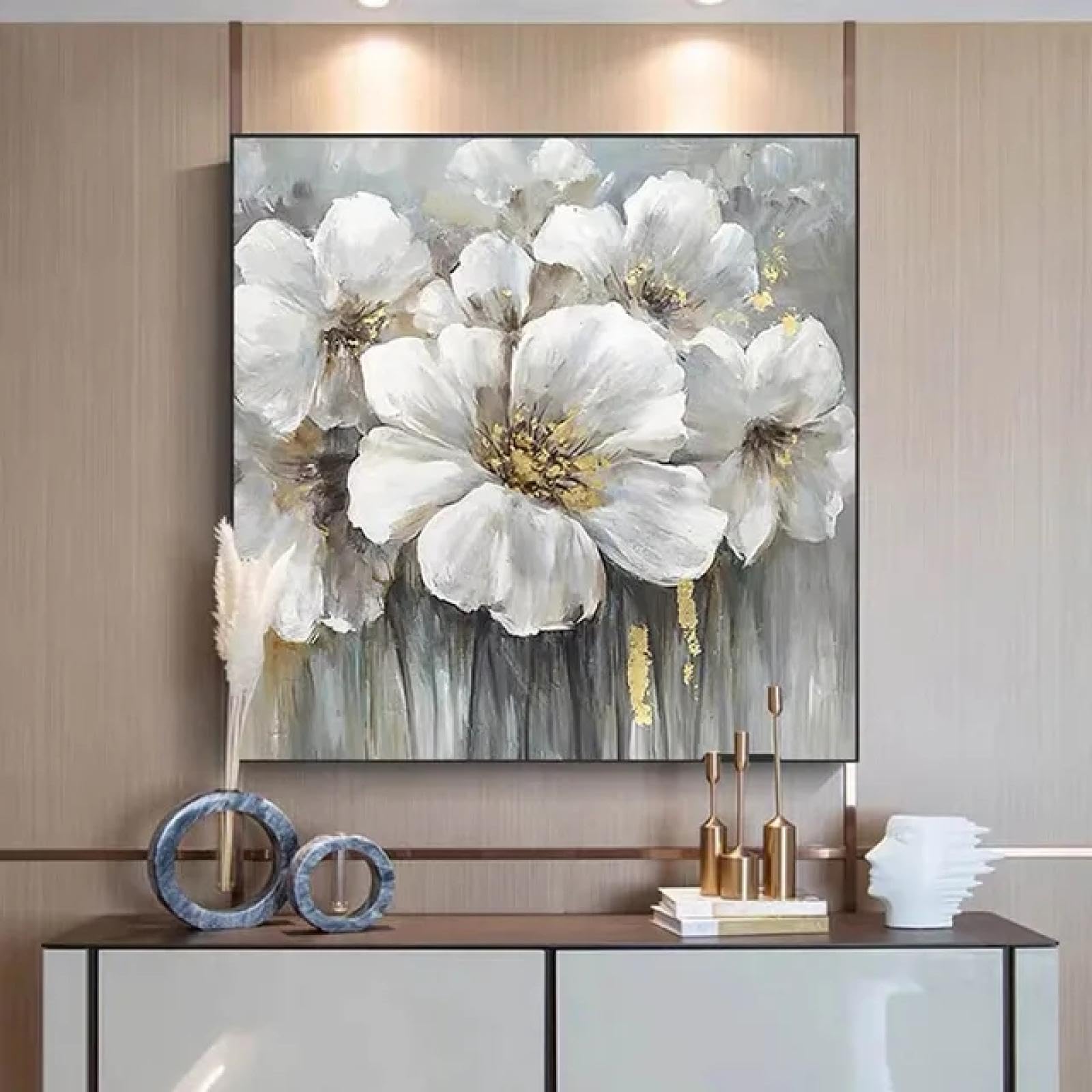 ZHAOLIN Abstract White Golden Flower Canvas Paintings Modern Floral Posters And Prints Wall Art Pictures for Living Room Home Decor 30x30cm(12x12in) Frameless