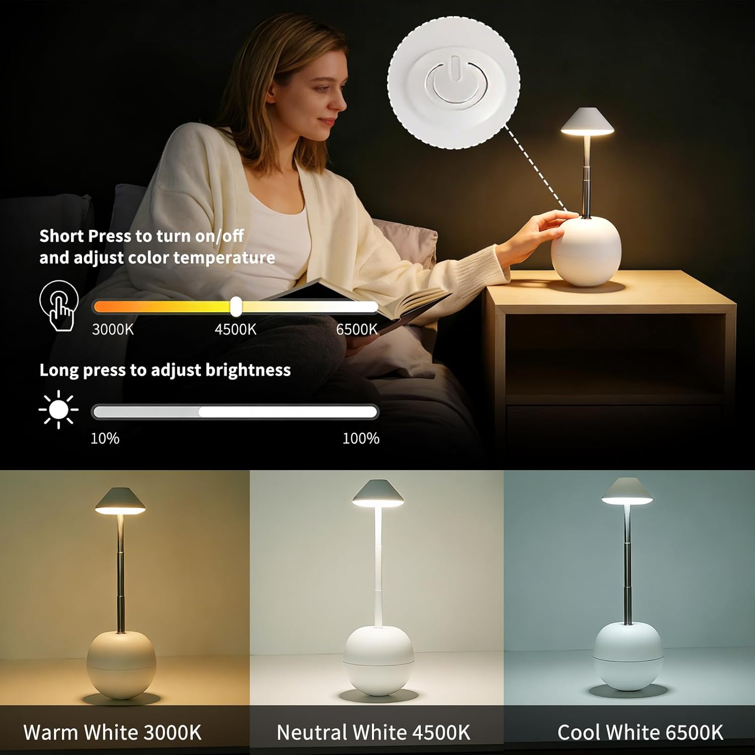 Rechargeable LED Table Light, Tumbler Cordless Table Lamp with 3 Colors & 7 RGB Stepless Dimmable Touch Control Lamps for Patio Restaurant Dining Home Bars (White)