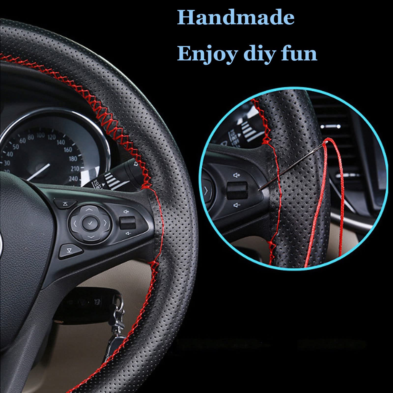 TEKSHOPPING Coprivolante Simil Pelle Universale Ago e Filo da Cucire in per Volante Auto - Colore Nero Trama Pelle (Pelle Traforata