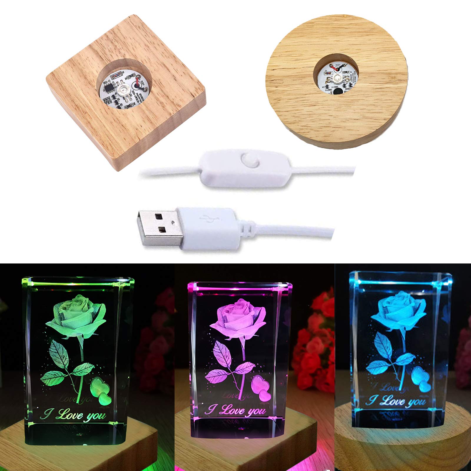 Lot De 2 Socles LED Bois USB – Éclairage Chaud Pour Cristal, Verre, Acrylique & Bijoux DIY