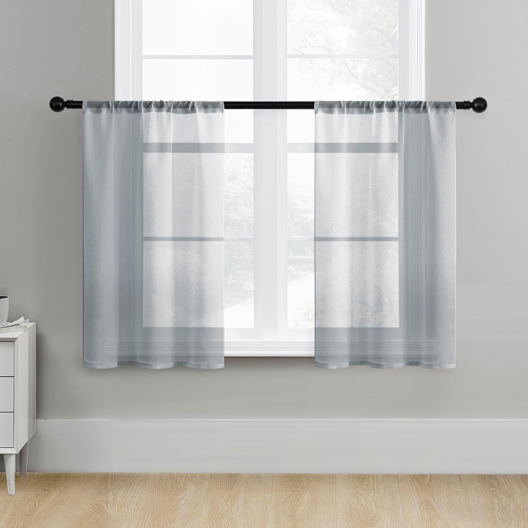 Grey Sheer Tier Curtains Kitchen 36 inch Length Voile Half Window Curtains Transparent Light Filtering Short Curtain Sheers Bathroom Rod Pocket Gray 2 Panels
