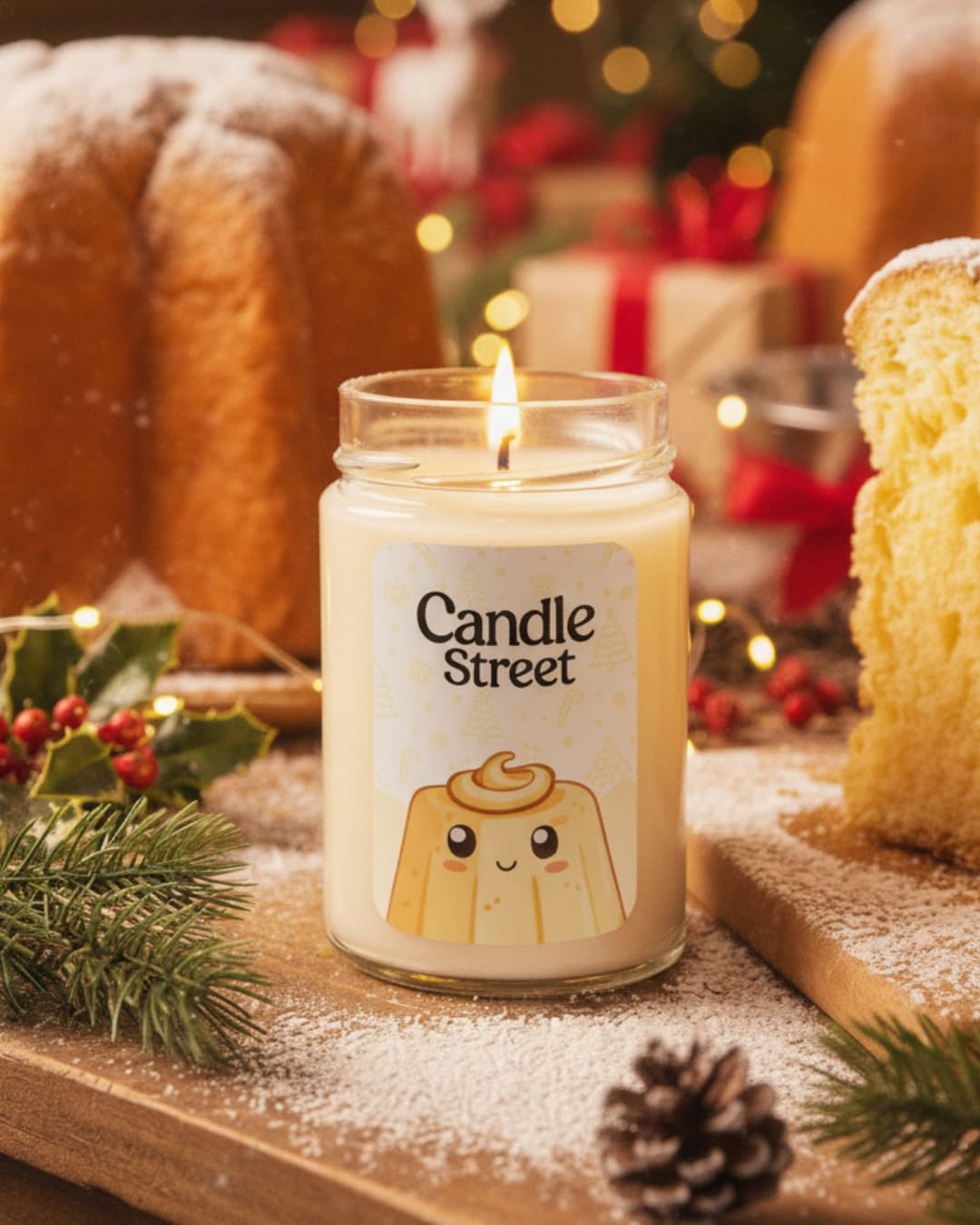 Candle Street Pandoro Duftkerze 500 g | Vanille, Zitrone und Karamell | Kollektion Süße Weihnachten | Handgemachte Kerze im Glas, 120 Stunden Brenndauer, perfektes Geschenk für Partys