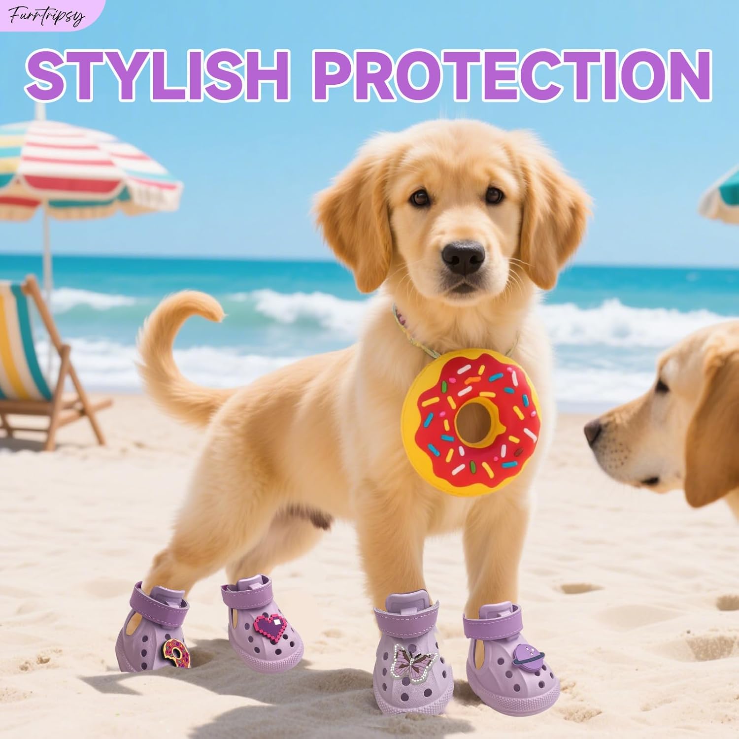 Dog Shoes,Non-Slip Waterproof Sandals for Hot Pavement, Breathable Perforated Boots,Adjustable Straps Dog Rain Booties for Summer Beach and Rainy Day(Purple,#8)
