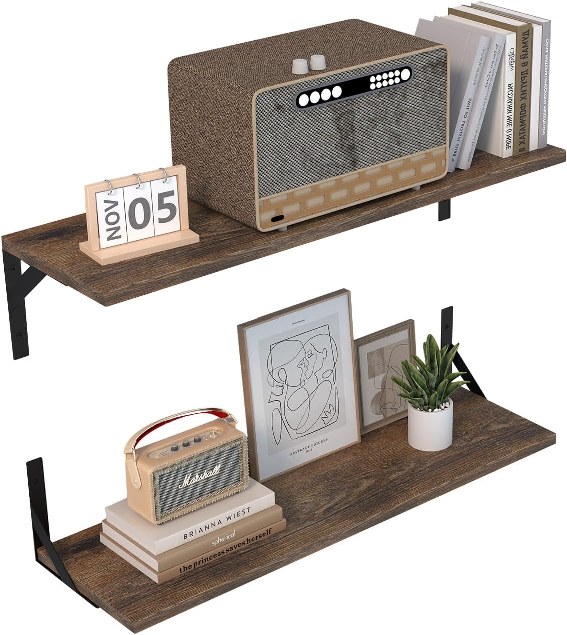 Floating Shelves Set of 2, 31.5" W x 8" D Wall Mounted Wood Shelves, Large Decor Storage Shelf with Sturdy Metal Brackets for Bedroom, Living Room, Bathroom, Kitchen, Rustic Brown