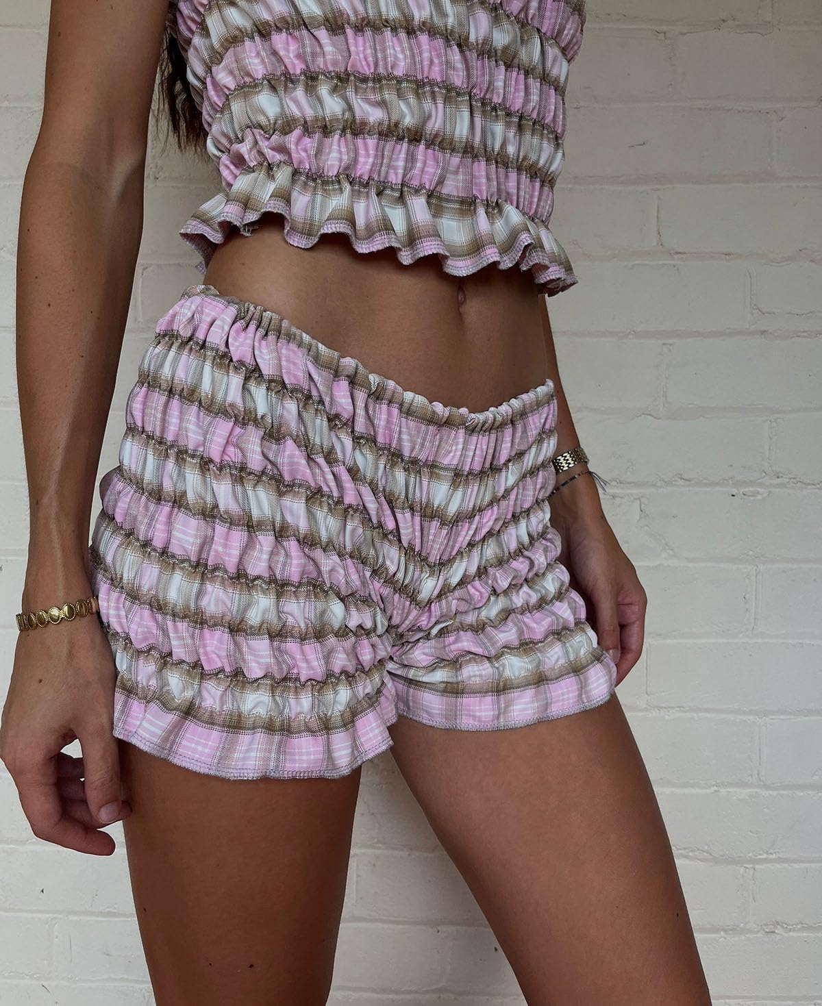 RUEWEY Women Gingham Pajama Set Plaid Sleeveless Smocked Shirred Slim Fit Tank Top Pleated Shorts 2 Piece Lounge Set - Image 4