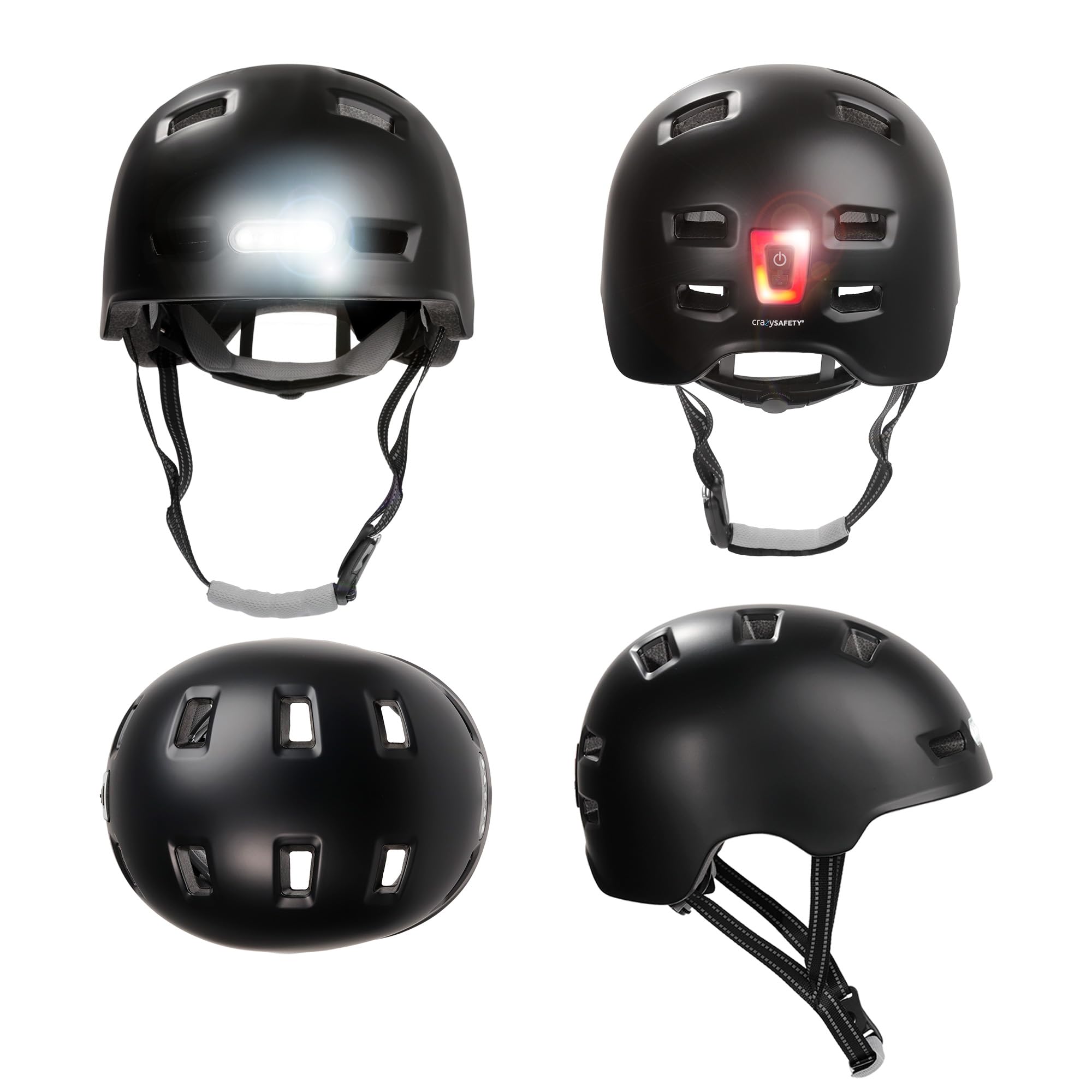 Crazy Safety Vertigo Casco da Città Nero per Bici con Luce USB Anteriore e Posteriore | Casco da Bici, Skateboard, Pattini, BMX | Casco da Monopattino per Uomo e Donna | M 54-57 cm