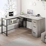 LVB Reversible Gray L Shaped Corner Desk, Farmhouse Wood Computer Desk with File Drawers Cabinets, Large Work Study Executive Home Office Desk with Storage Shelves for Bedroom, Light Grey Oak, 59 Inch | 59" Adjustable Modern Executive Office Desks, C